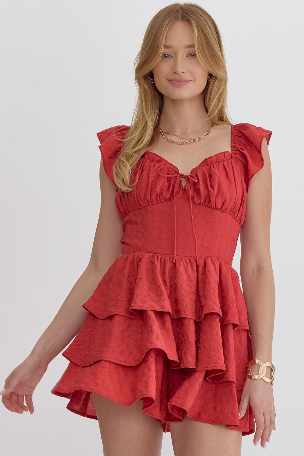 Red Textured Sweetheart Romper