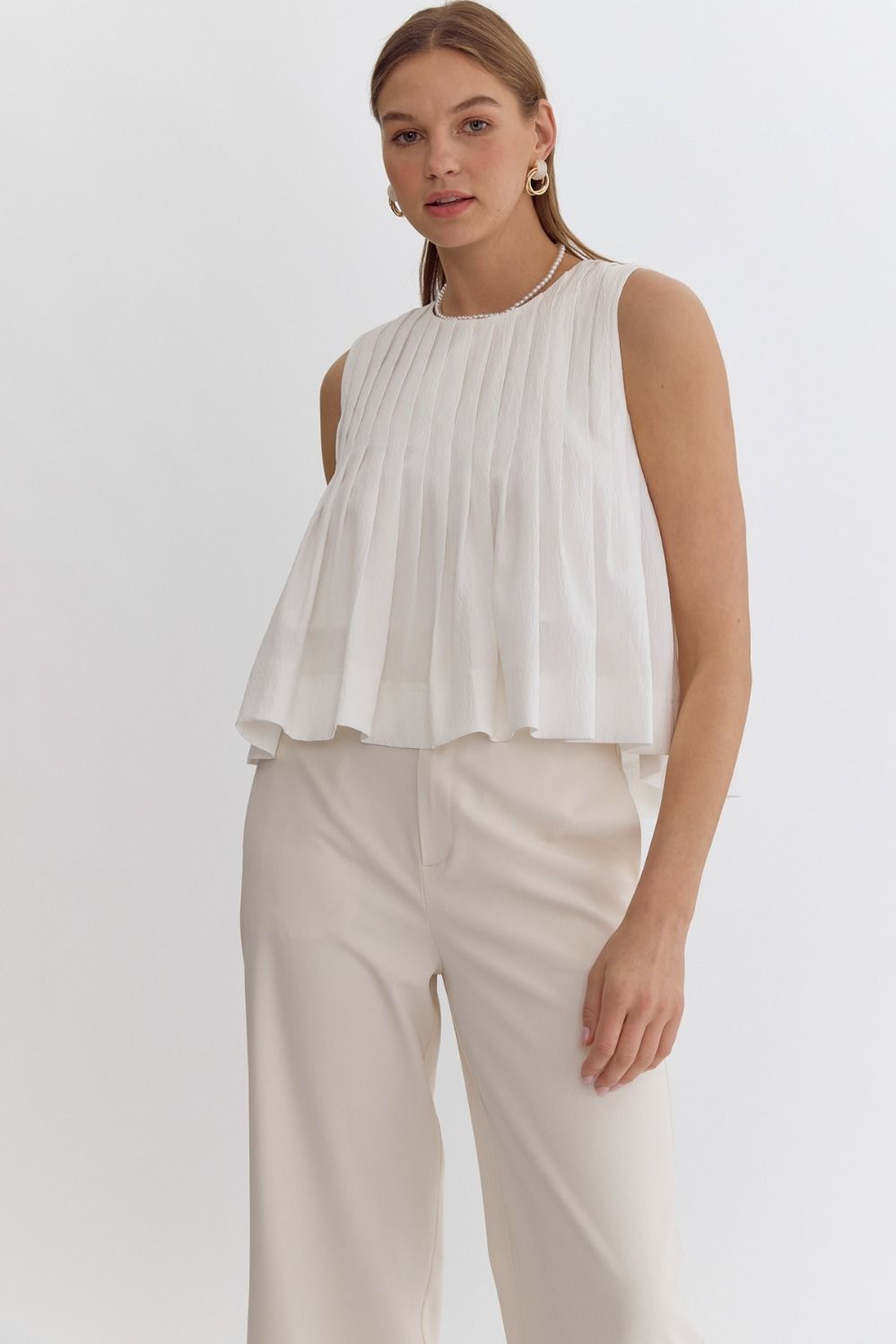 White Solid Pleated Crop Top