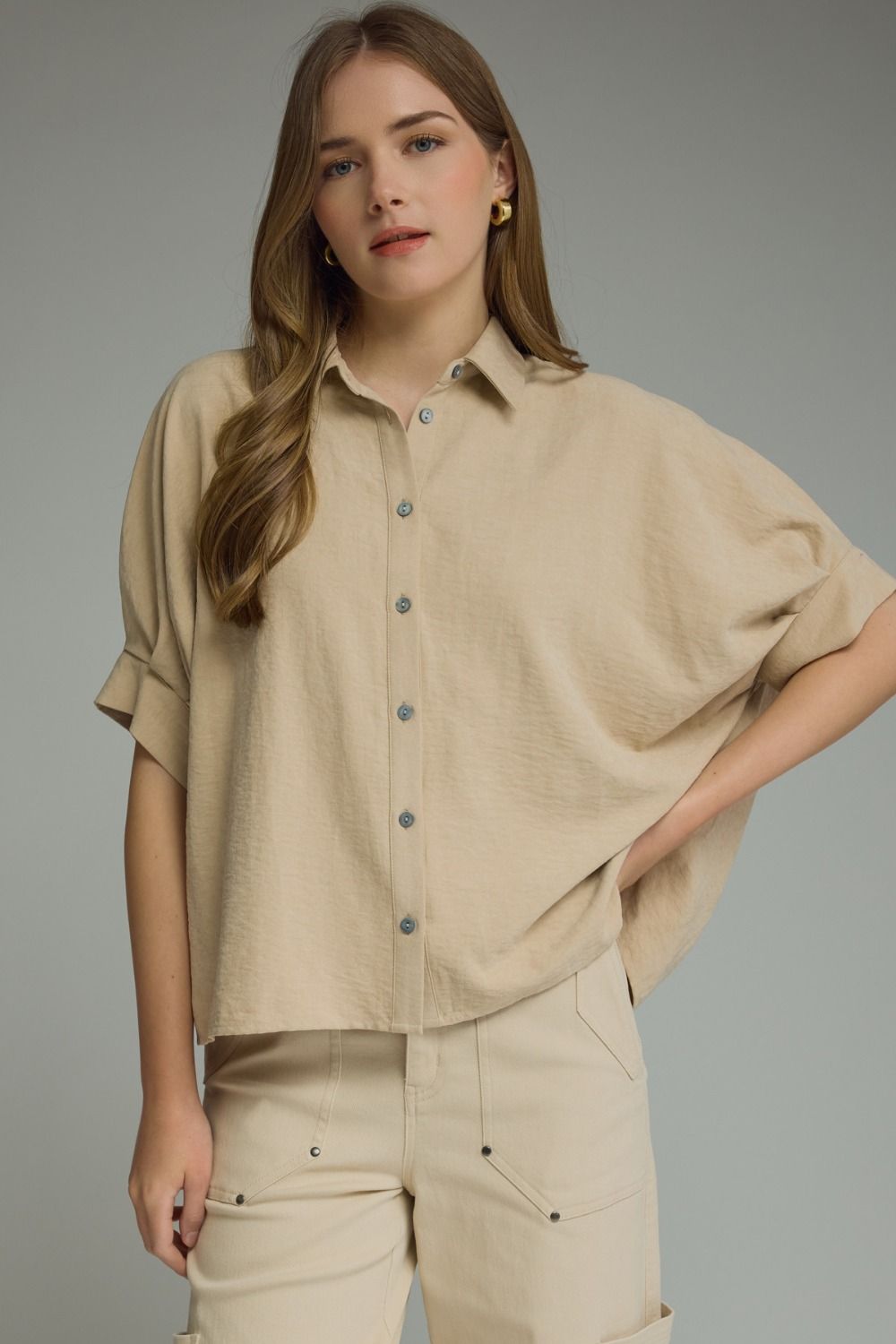 Khaki Dolman Button Down Top