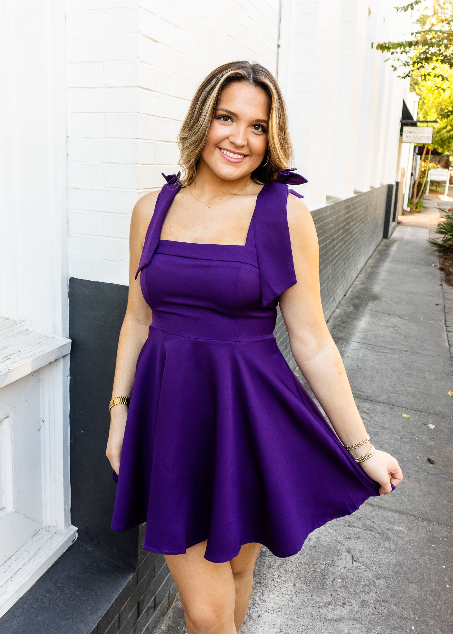 Purple Solid Bow Shoulder Dress