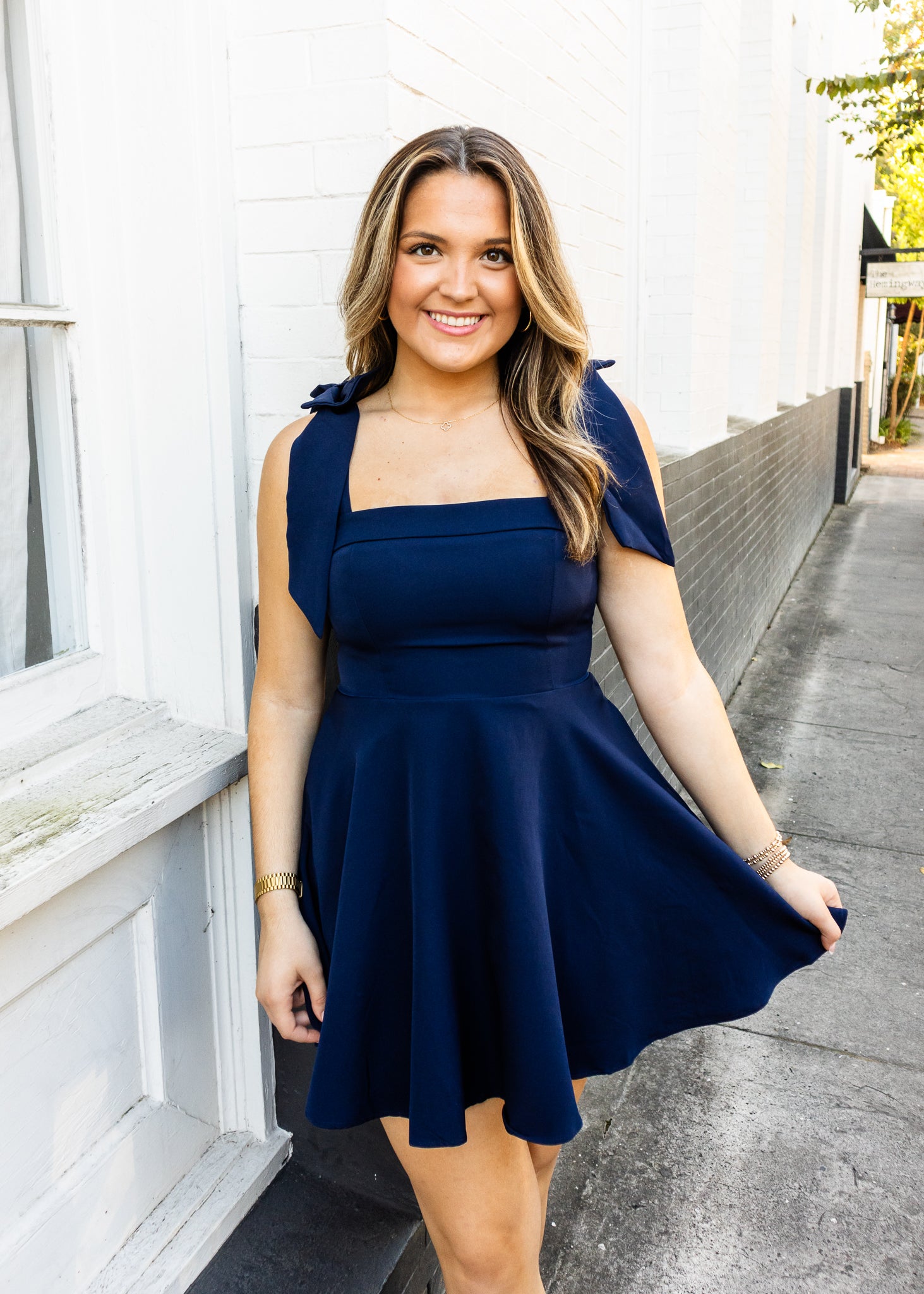 Navy Solid Bow Shoulder Dress