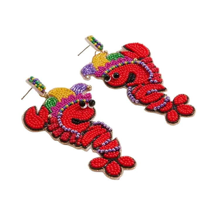 Mardi Gras Crawfish Beaded Earrings