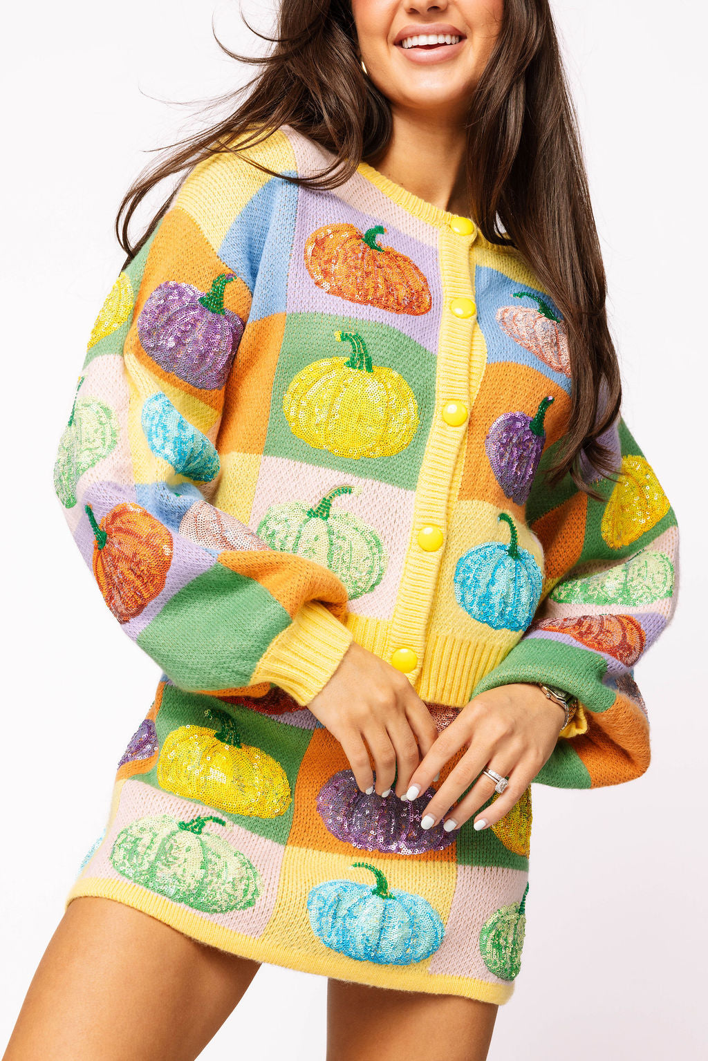 Pastel Color Block Pumpkin Button Up Cardigan