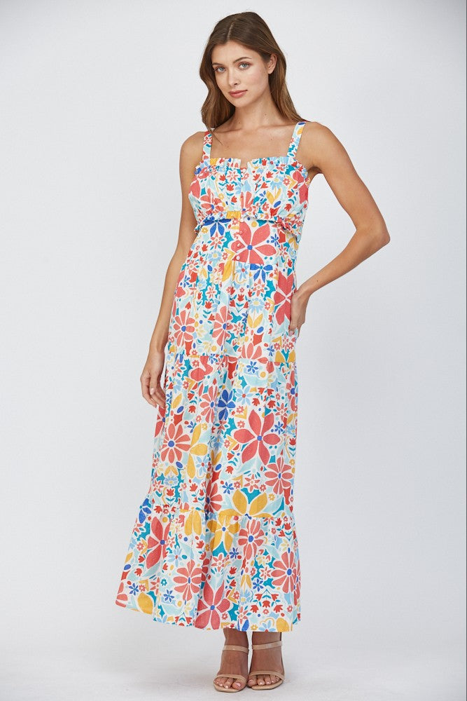 Ruffle Detail Shirred Chest Tiered Maxi Dress