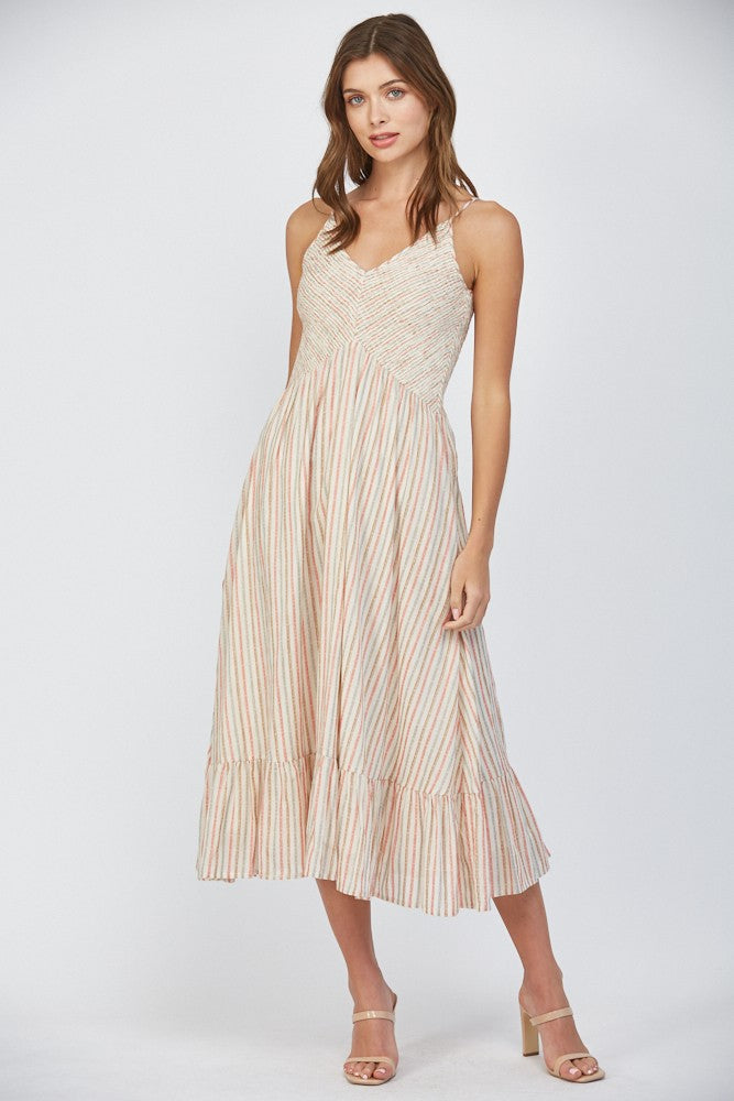 Stripe Smocked Bodice V-neck Dress