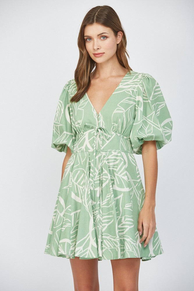 Green Puff Sleeve Mini Dress