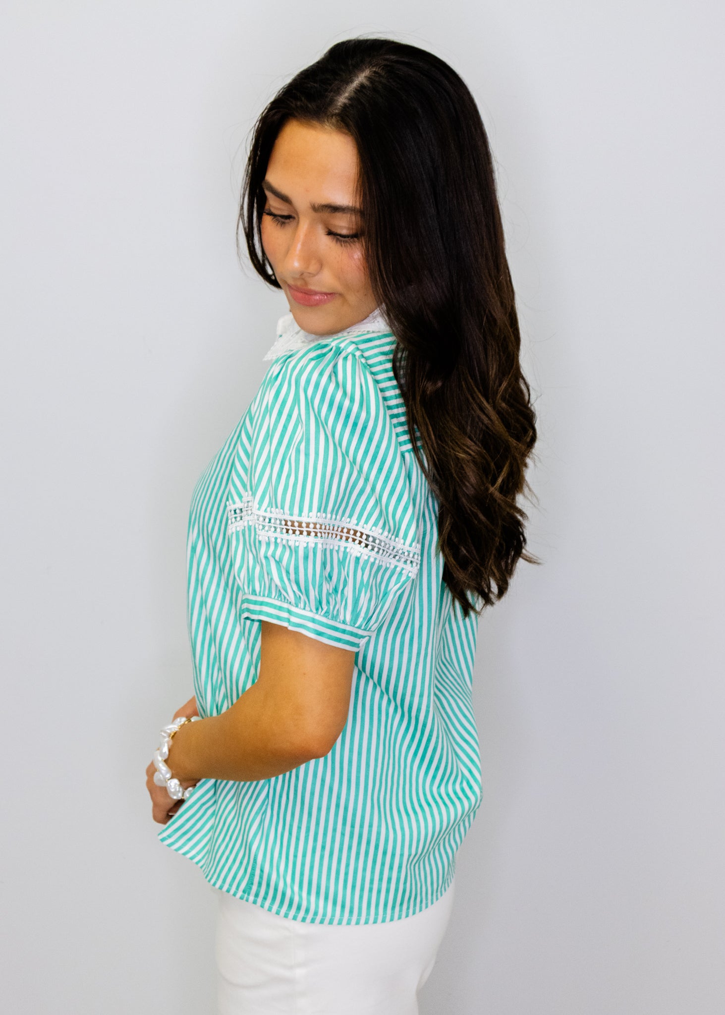 Jade Stripe Lace Button Top
