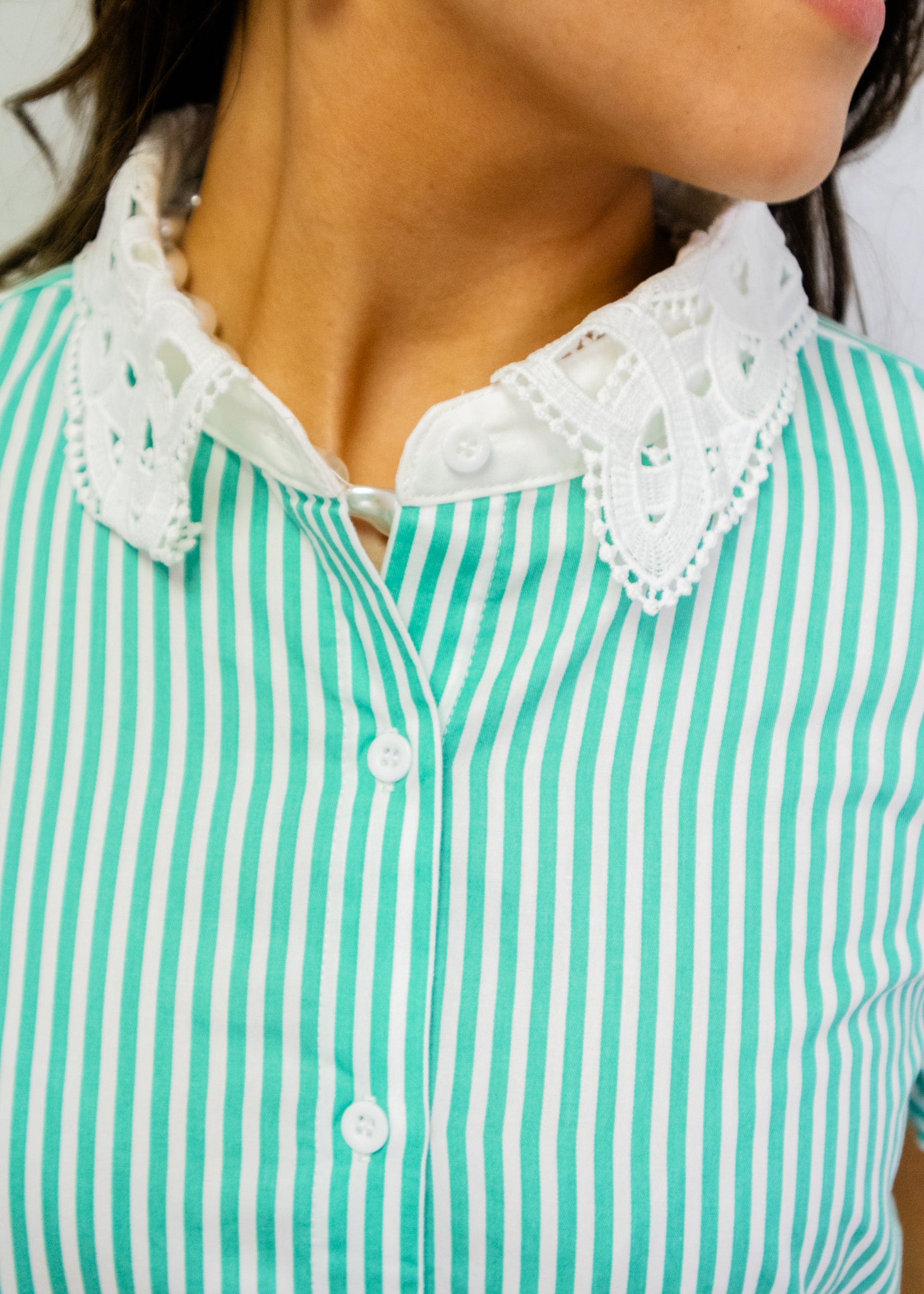 Jade Stripe Lace Button Top