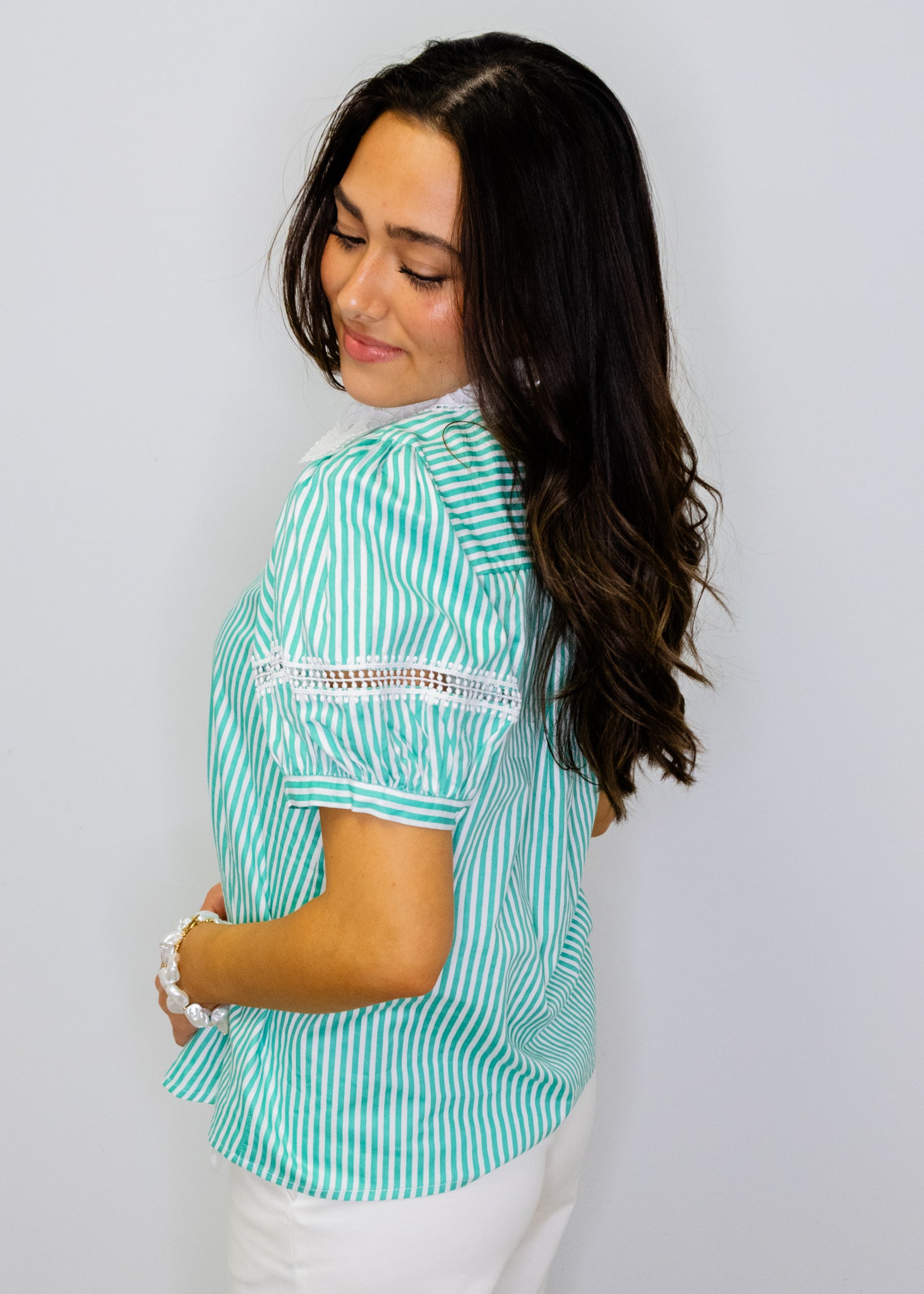 Jade Stripe Lace Button Top
