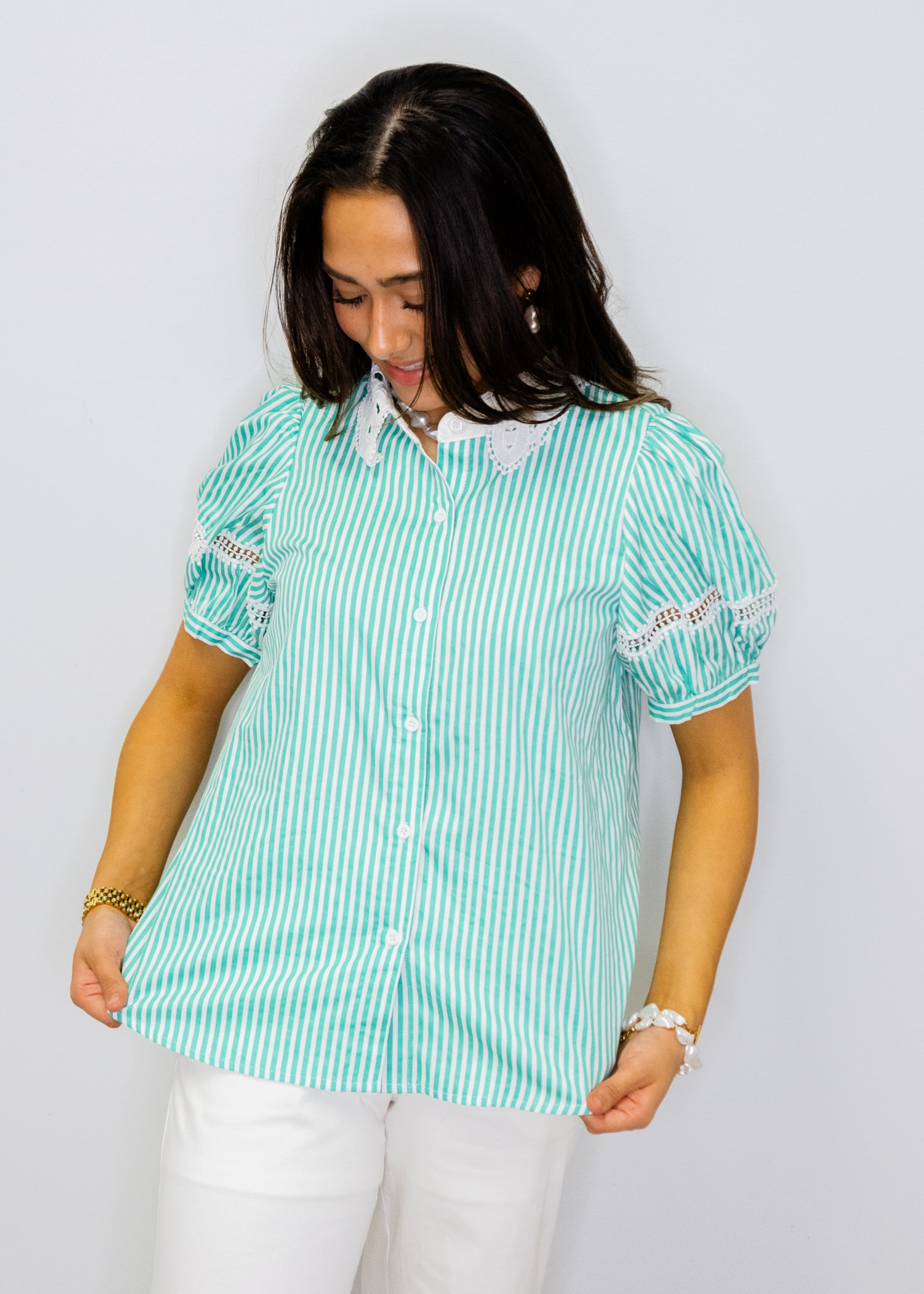 Jade Stripe Lace Button Top