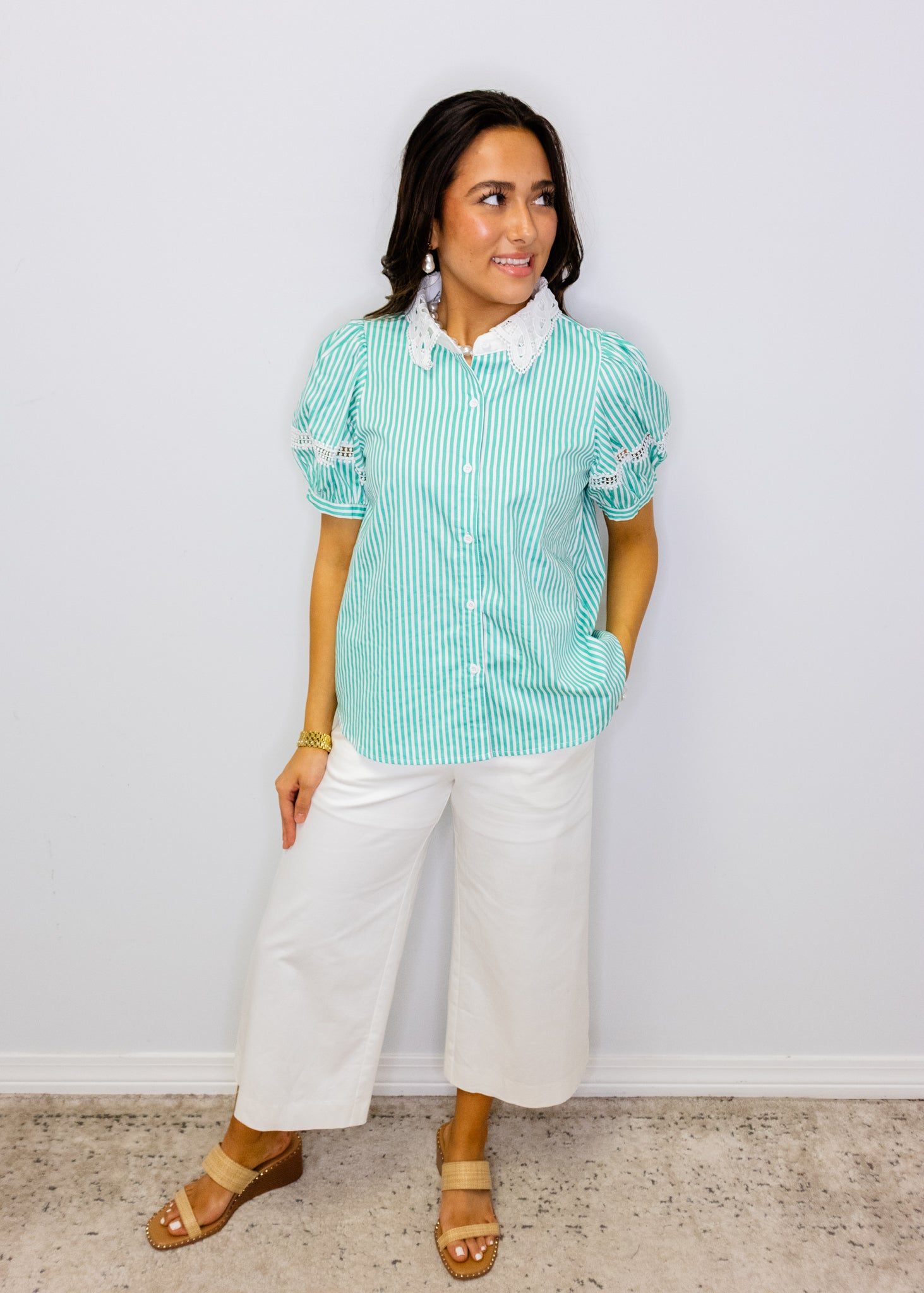 Jade Stripe Lace Button Top