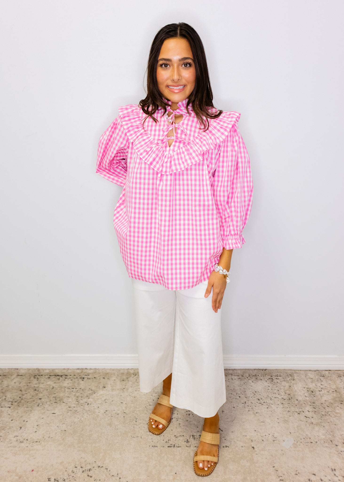 Pink Gingham Poplin Tie Top