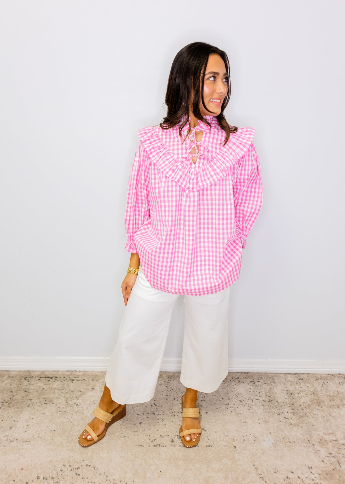 Pink Gingham Poplin Tie Top