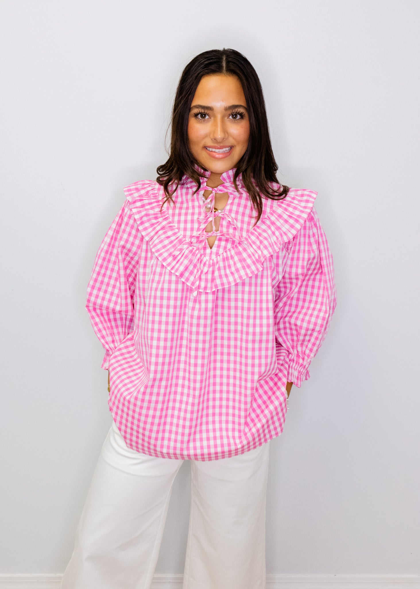 Pink Gingham Poplin Tie Top