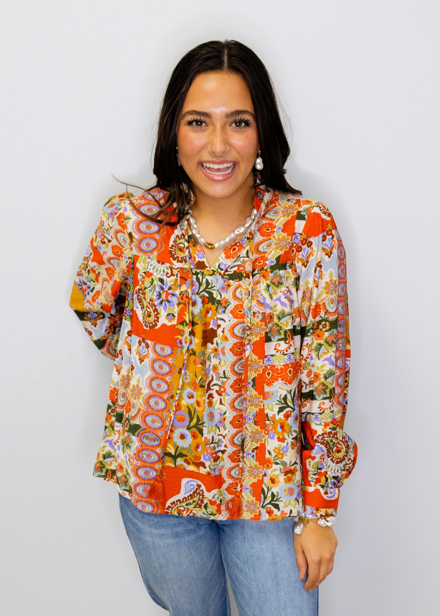 Patchwork Ruffle Collar Top