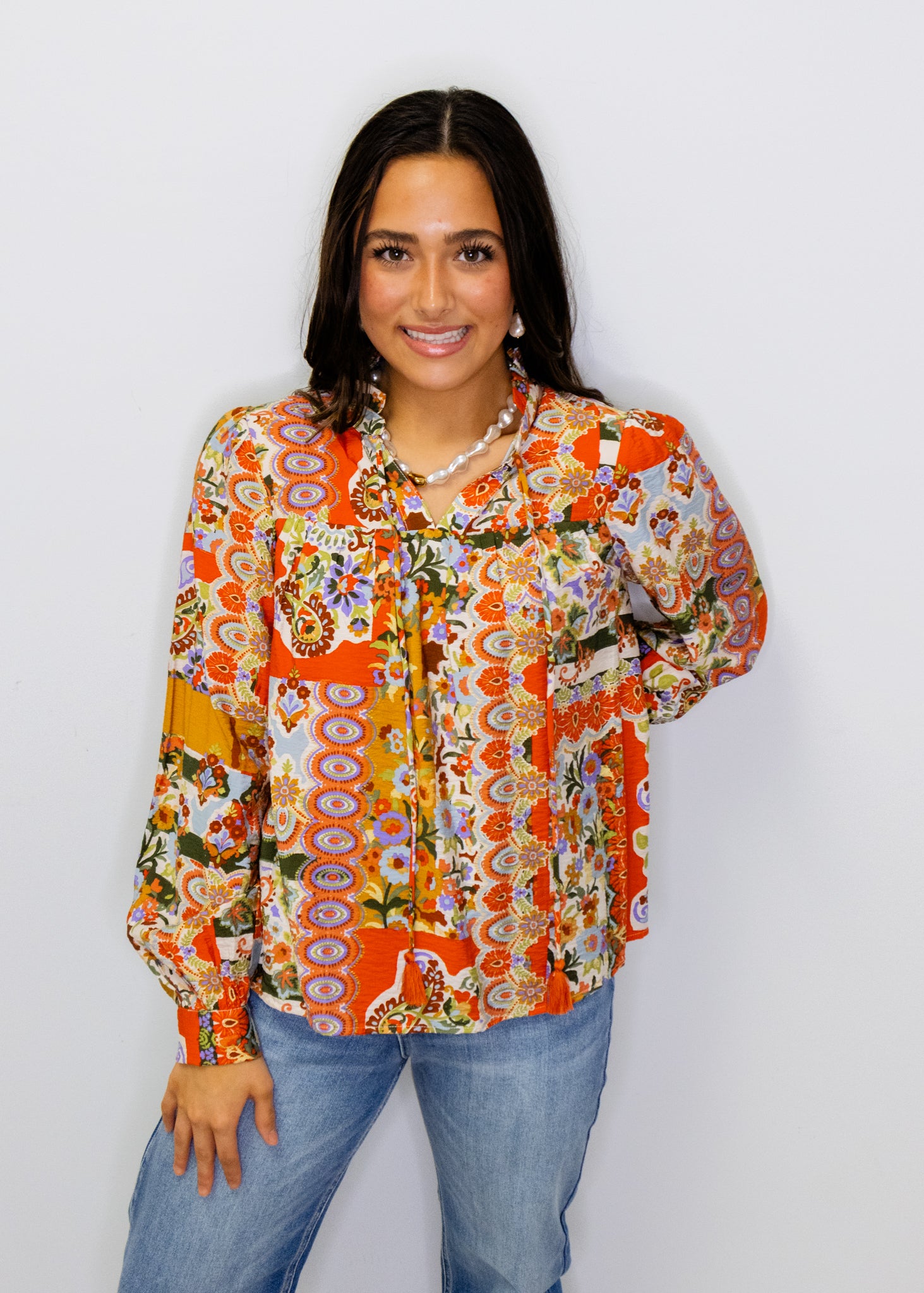 Patchwork Ruffle Collar Top