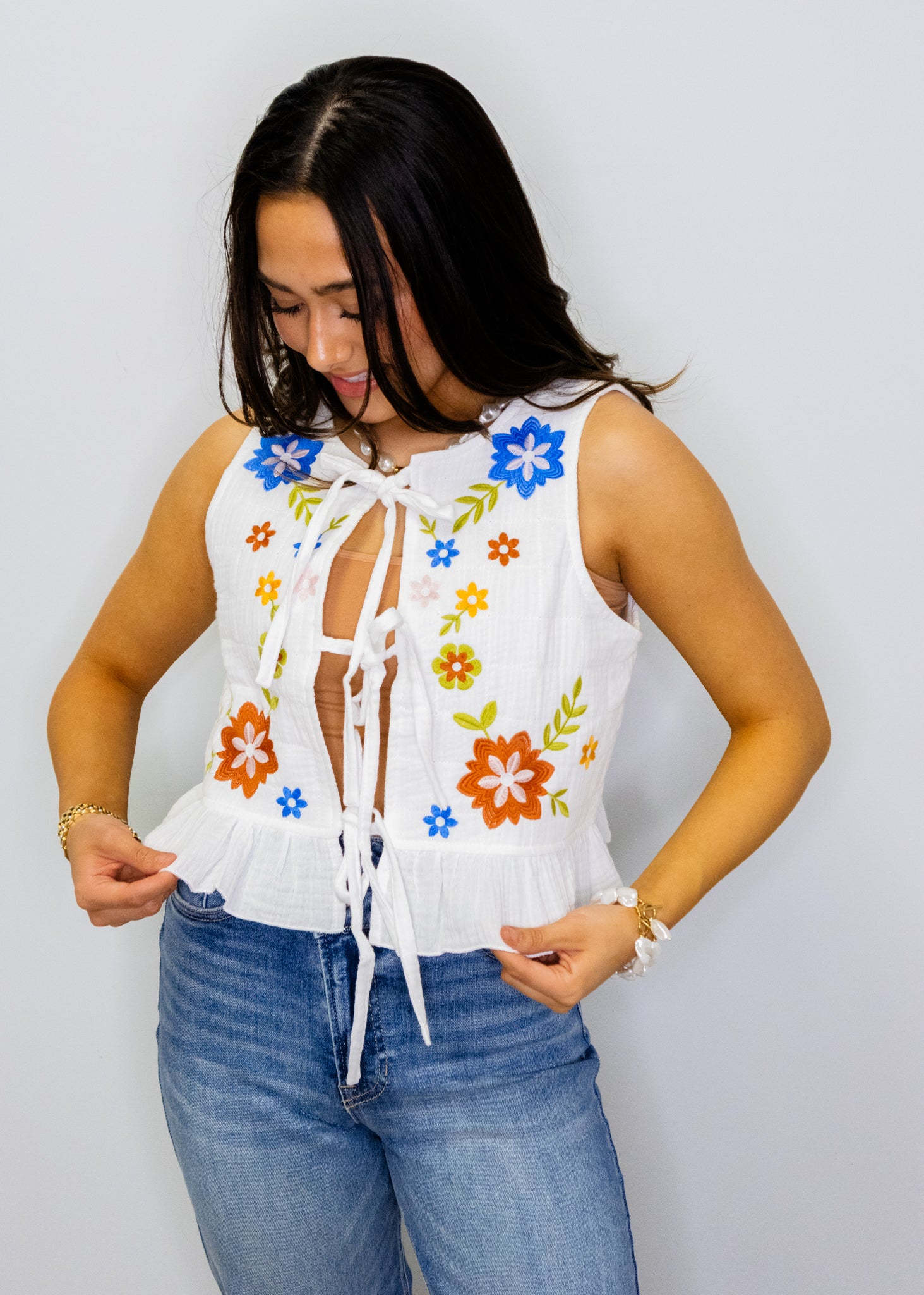 White Embroidered Tie Vest
