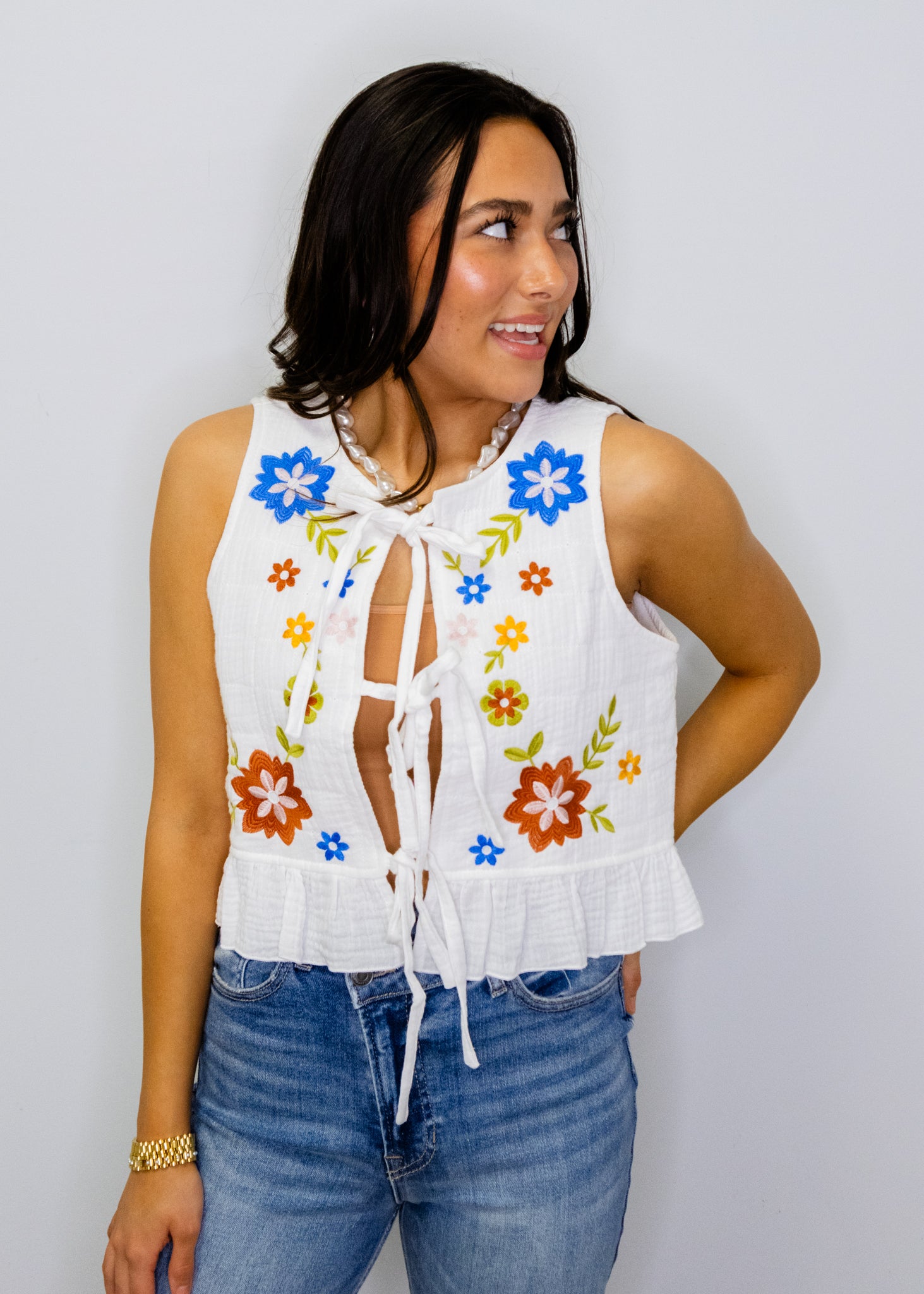 White Embroidered Tie Vest