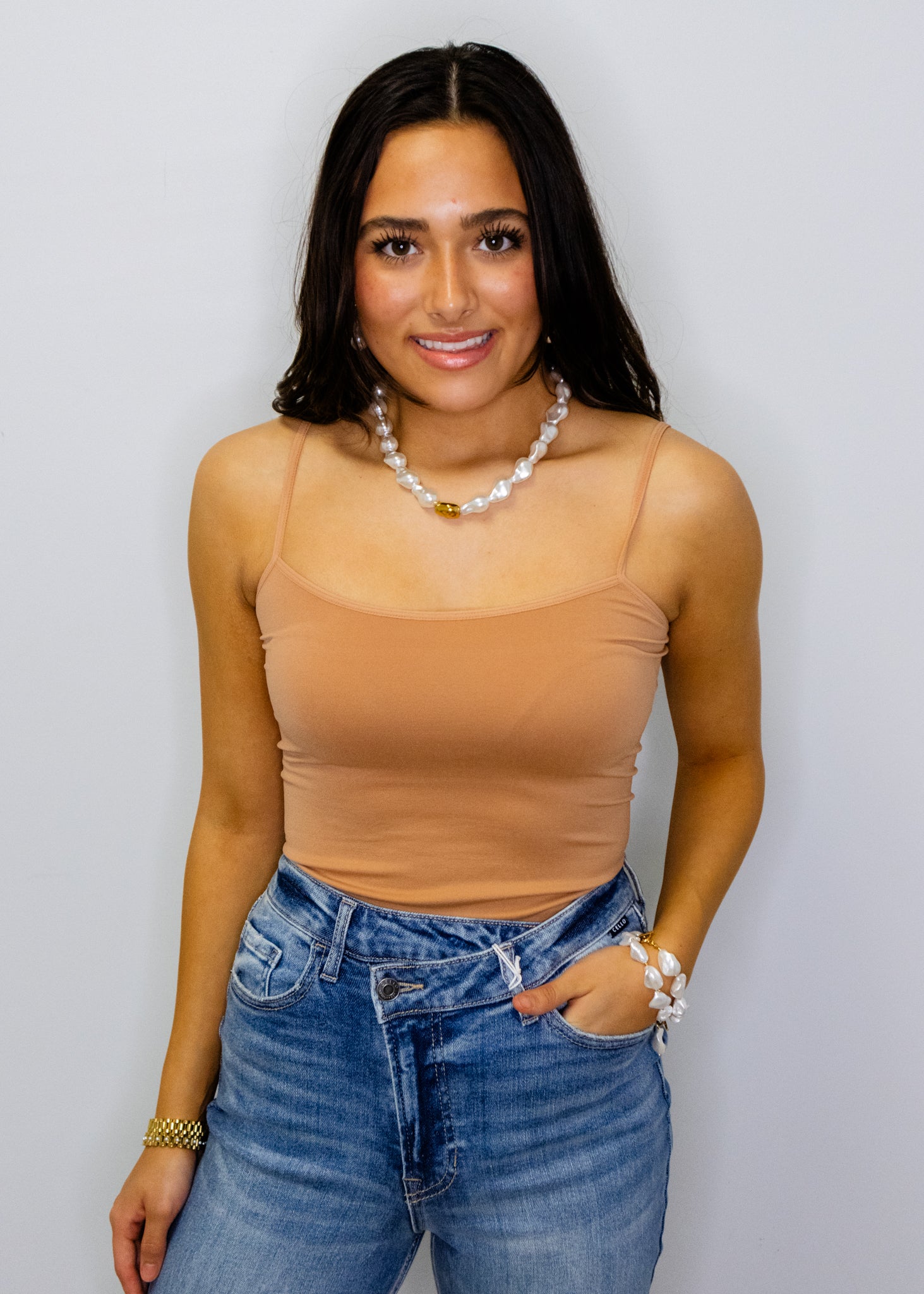 Camel Solid Seamless Long Cami Dress/ Top