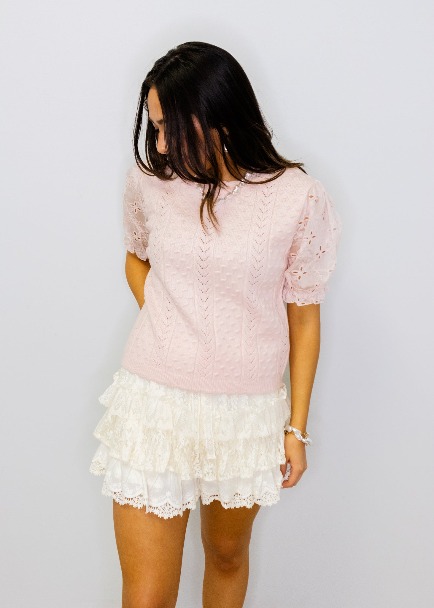 Blush Lace Puff Sleeve Sweater