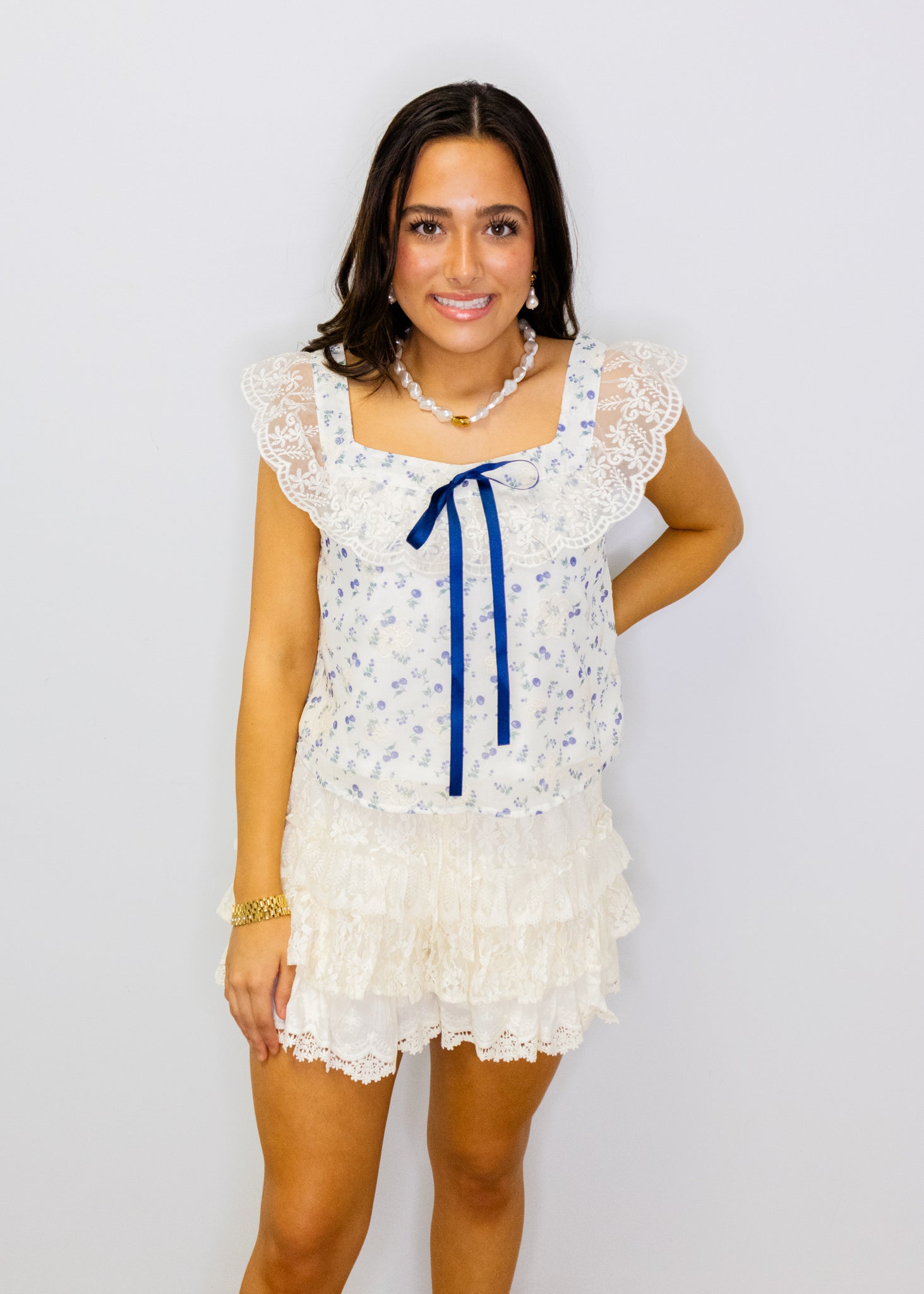 Ivory Blueberry Print Ruffle Top
