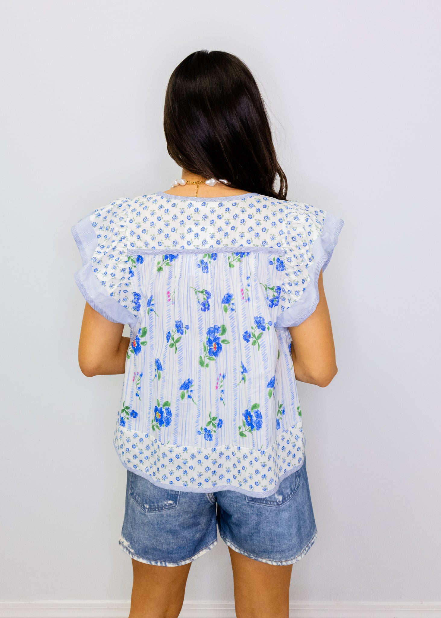 Blue Multi Flutter Sleeve Top