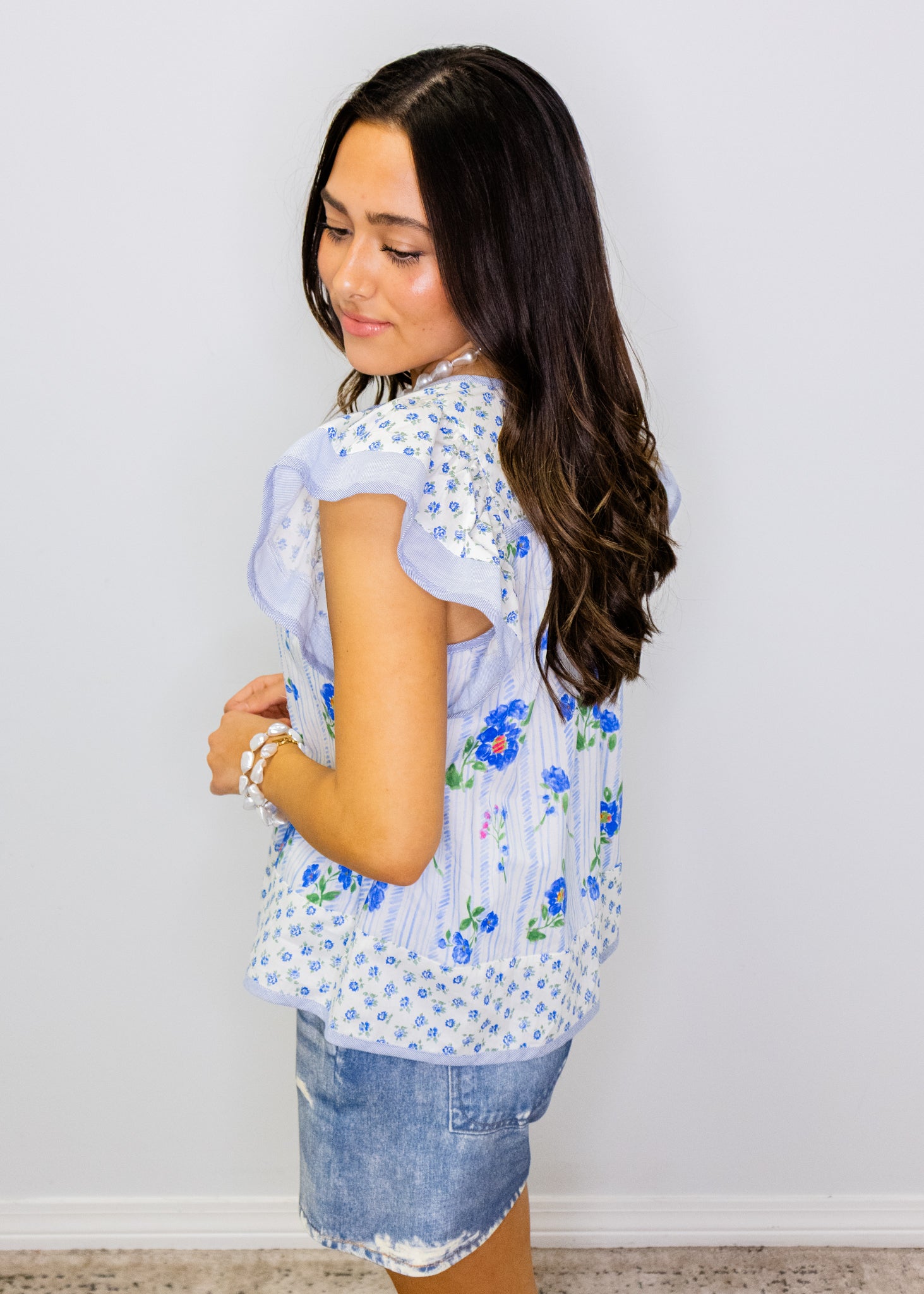 Blue Multi Flutter Sleeve Top