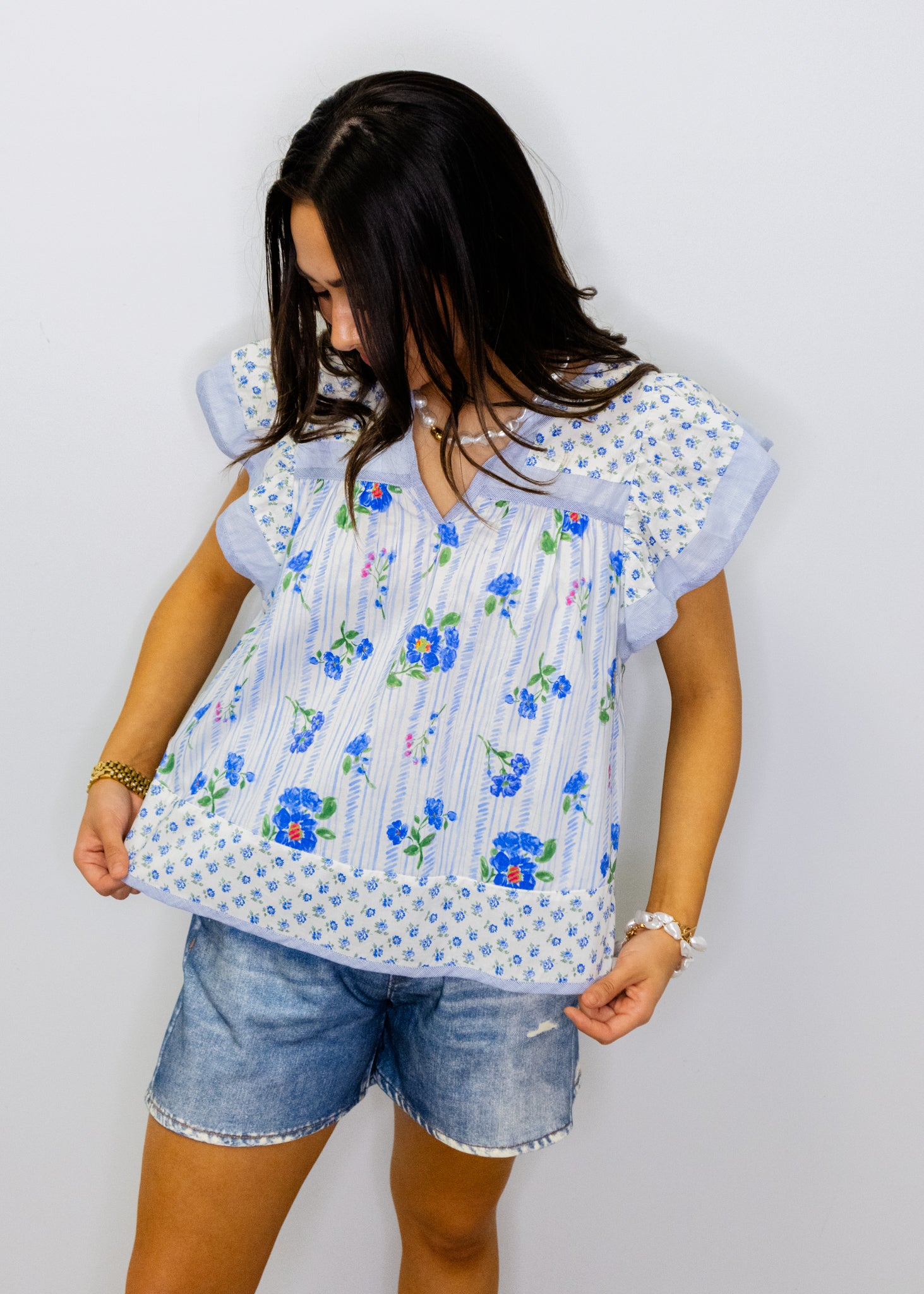 Blue Multi Flutter Sleeve Top