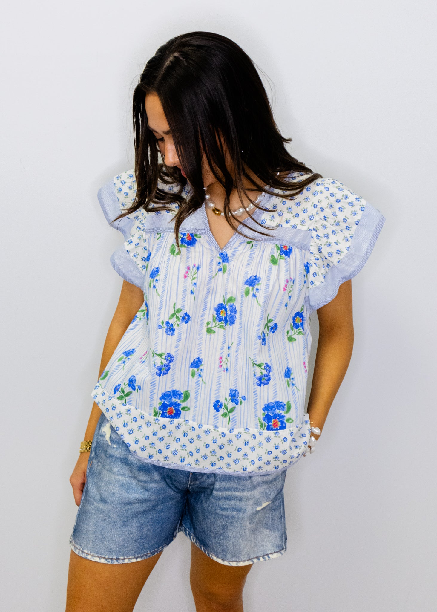 Blue Multi Flutter Sleeve Top