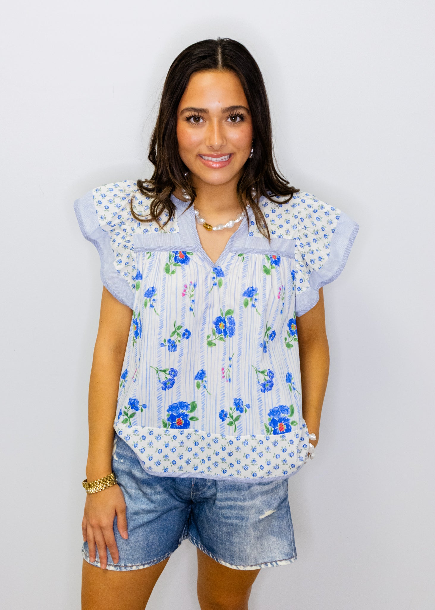 Blue Multi Flutter Sleeve Top