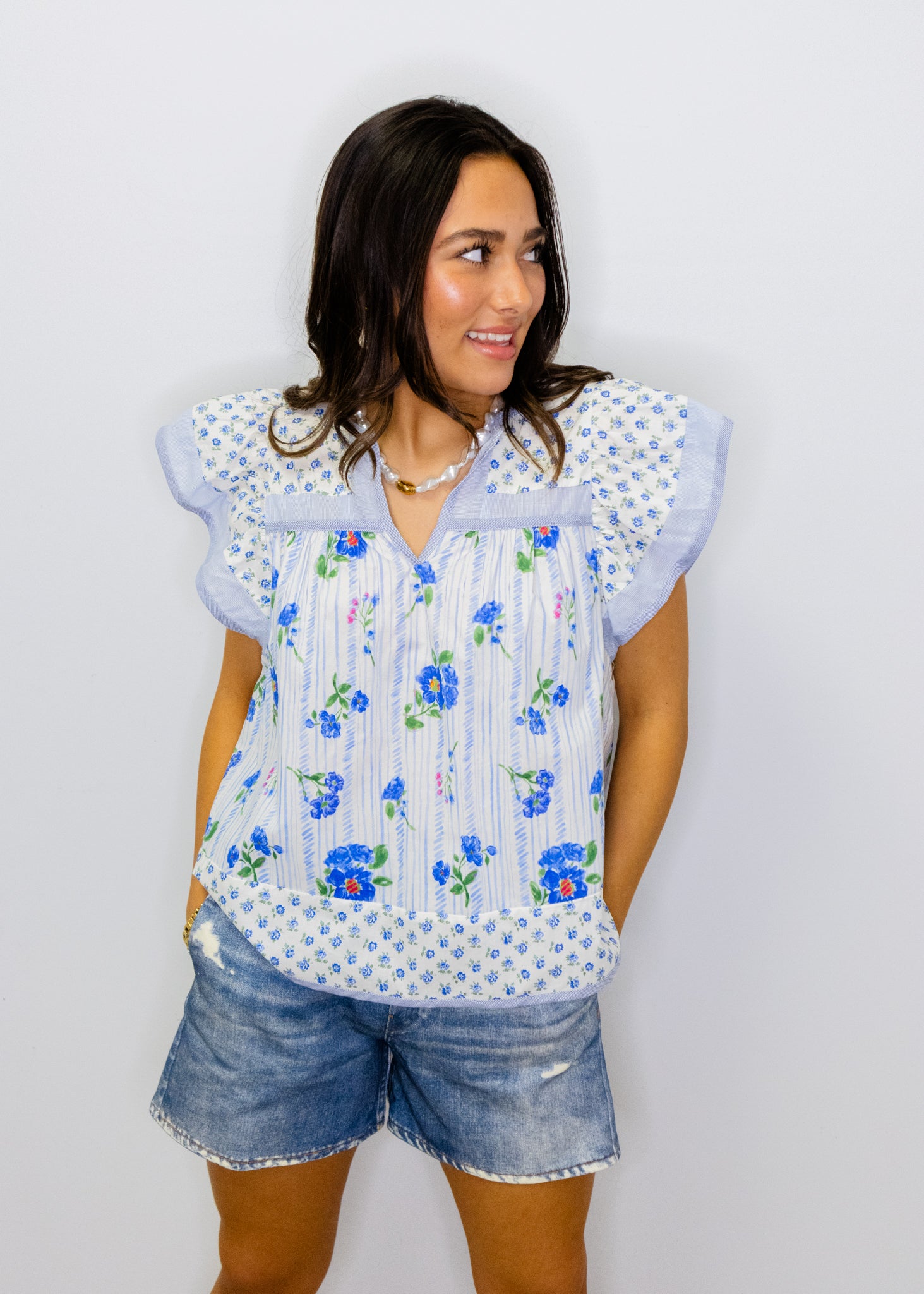 Blue Multi Flutter Sleeve Top