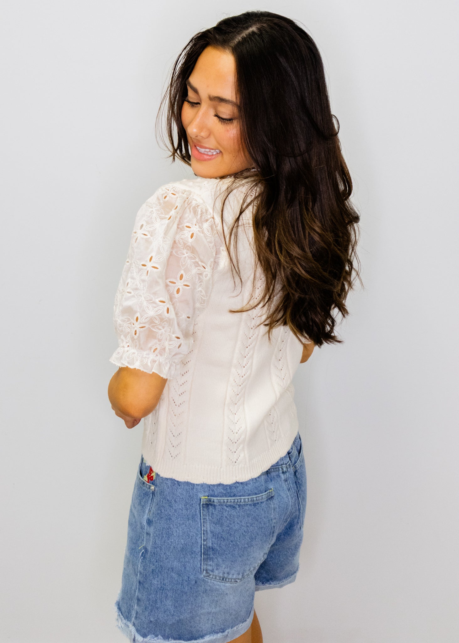 Cream Lace Puff Sleeve Sweater