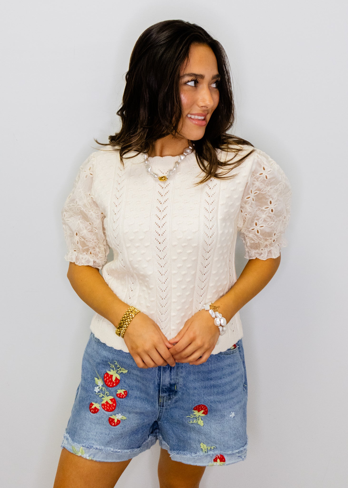 Cream Lace Puff Sleeve Sweater