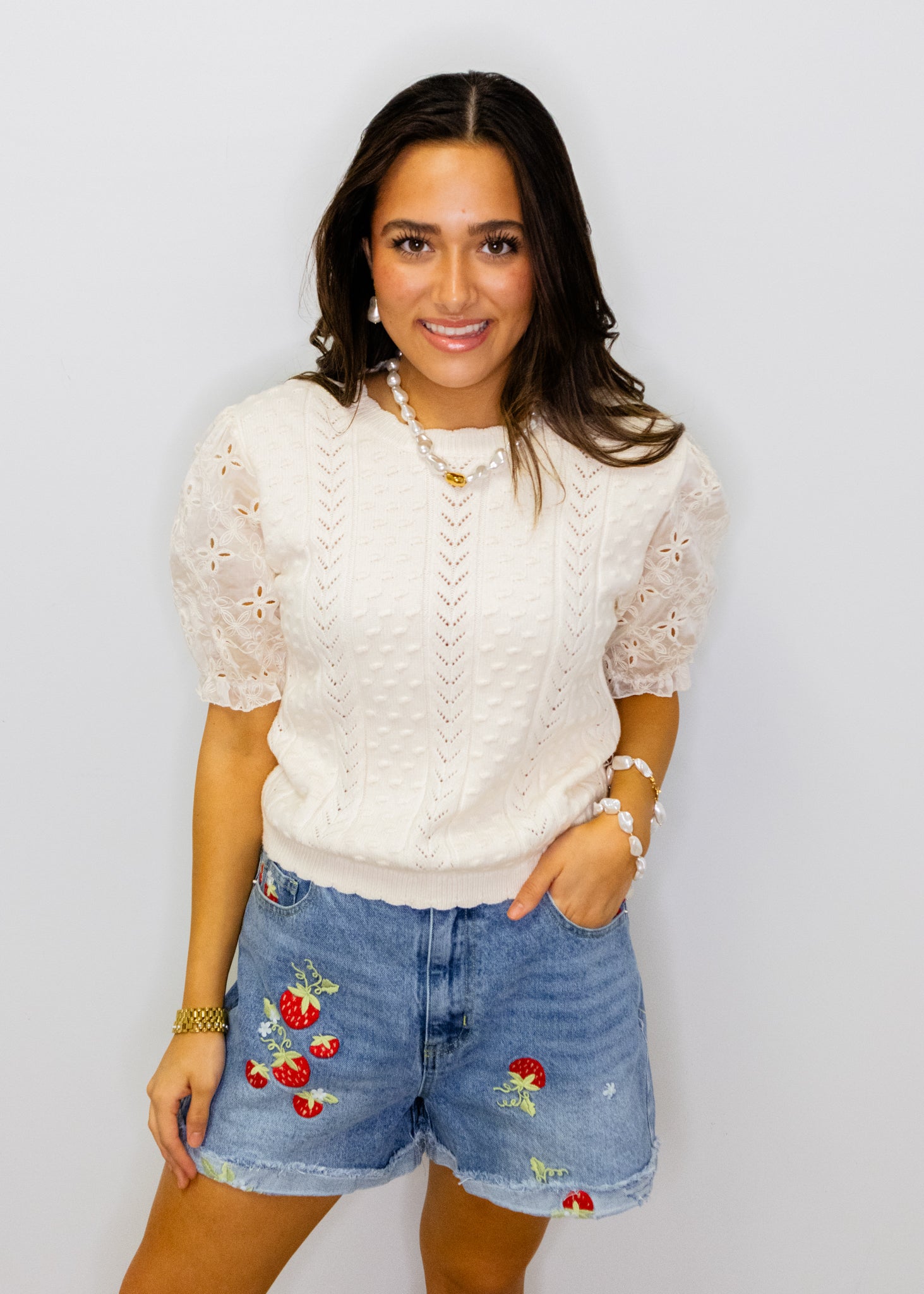 Cream Lace Puff Sleeve Sweater