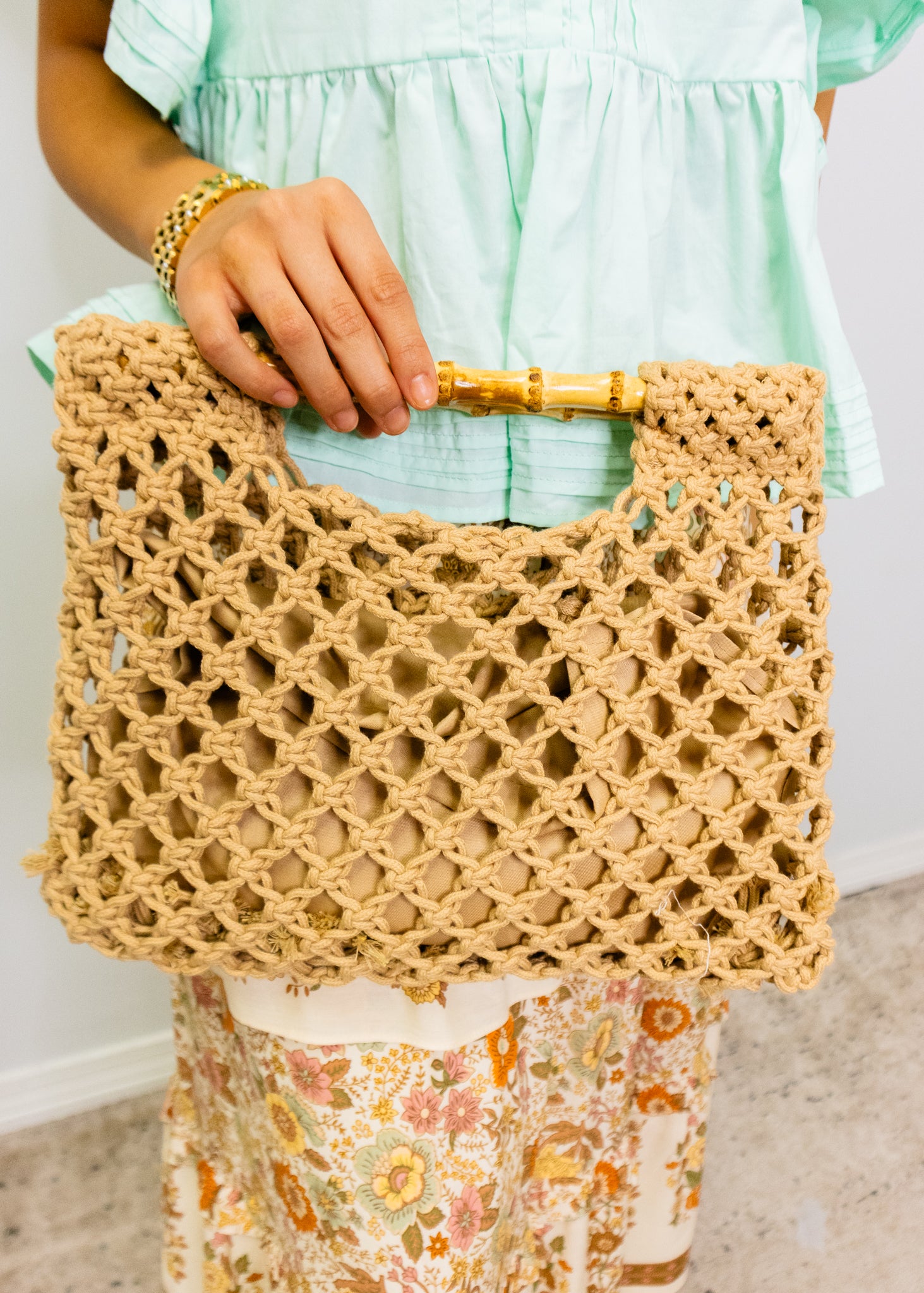 Handmade Faux Straw Bamboo Handle Bag