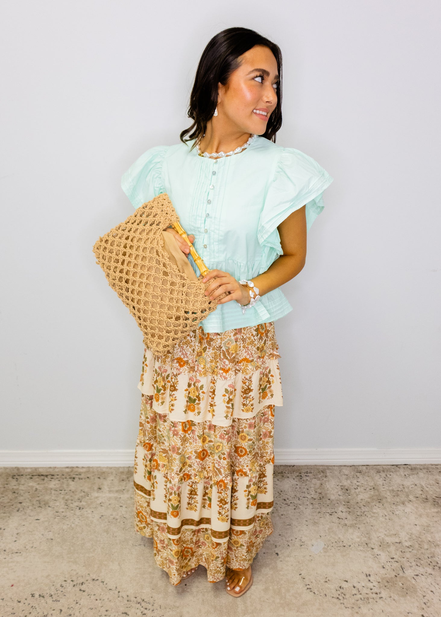 Cream Floral Tiered Maxi Skirt