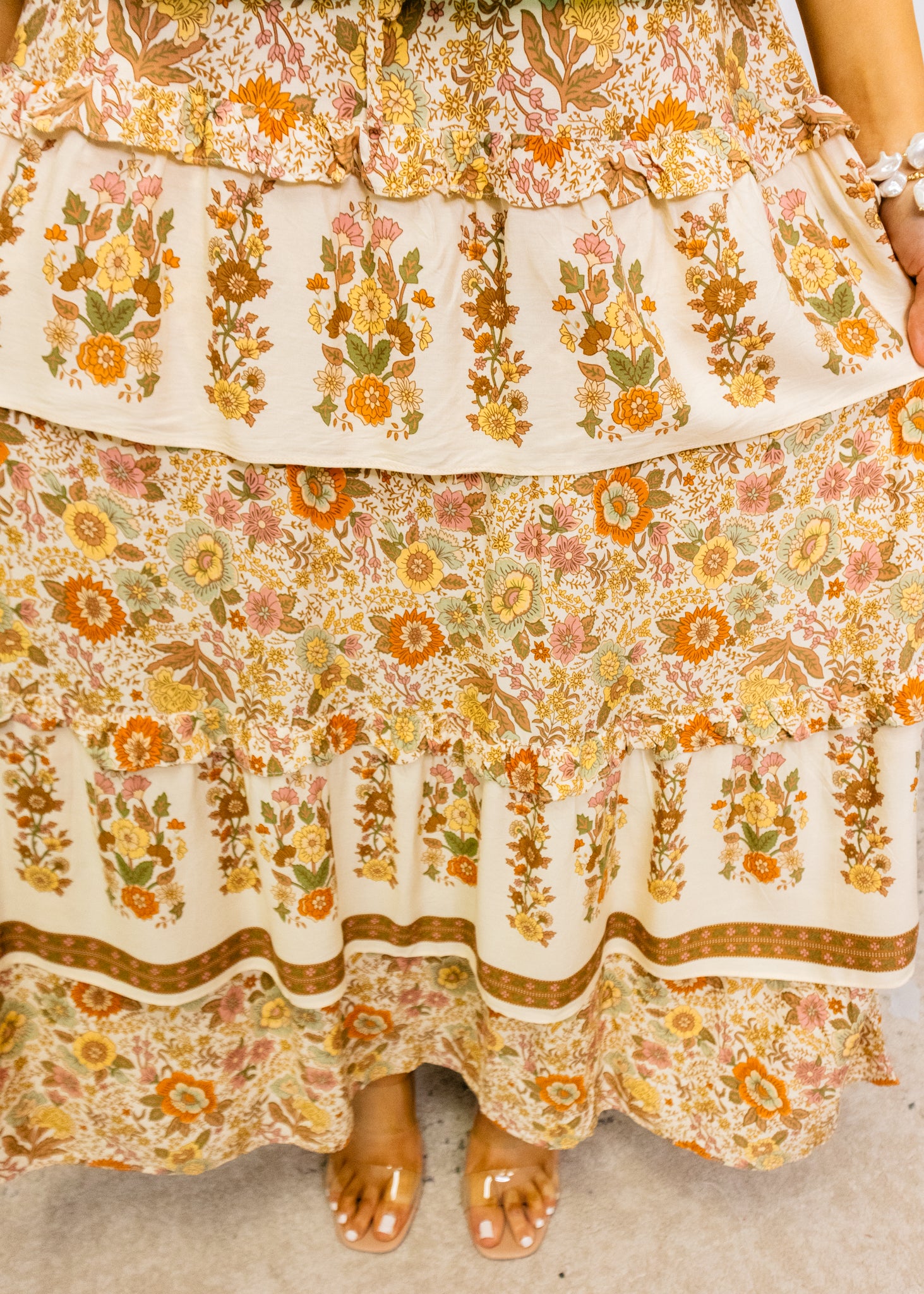 Cream Floral Tiered Maxi Skirt