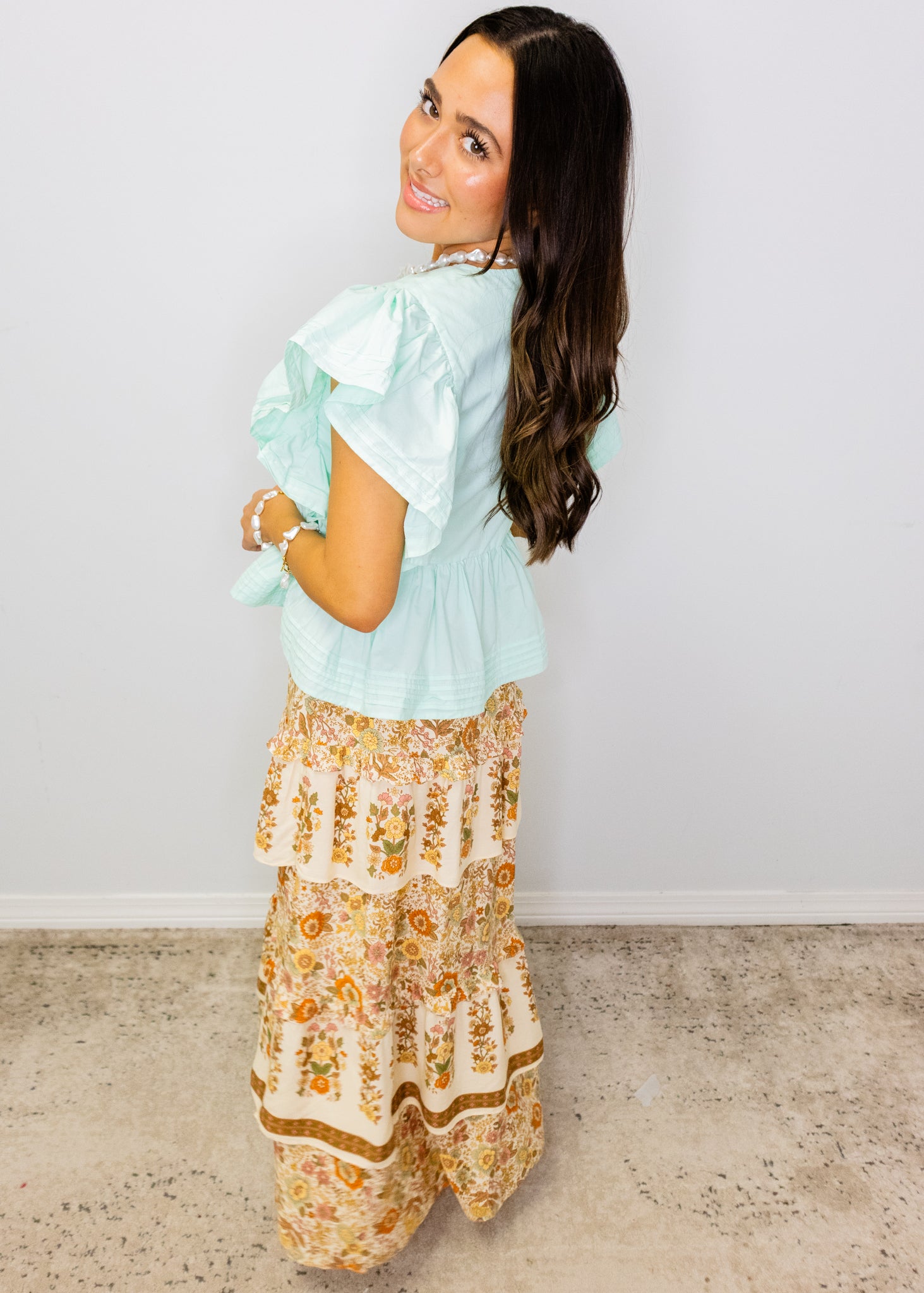 Cream Floral Tiered Maxi Skirt
