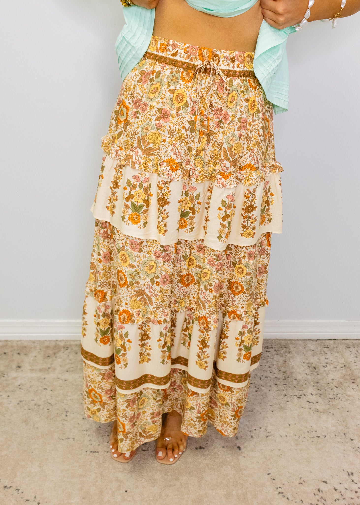 Cream Floral Tiered Maxi Skirt