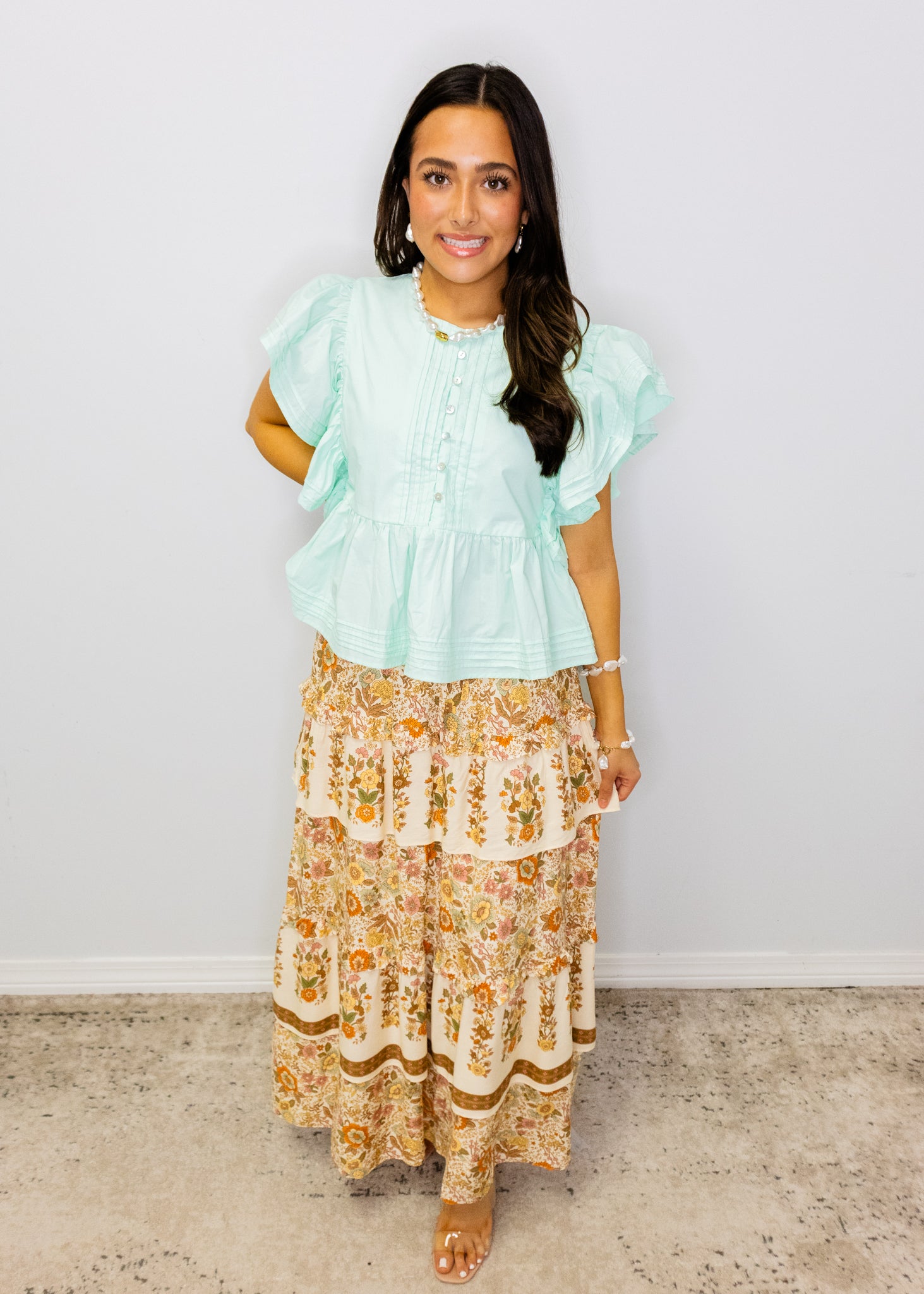 Cream Floral Tiered Maxi Skirt