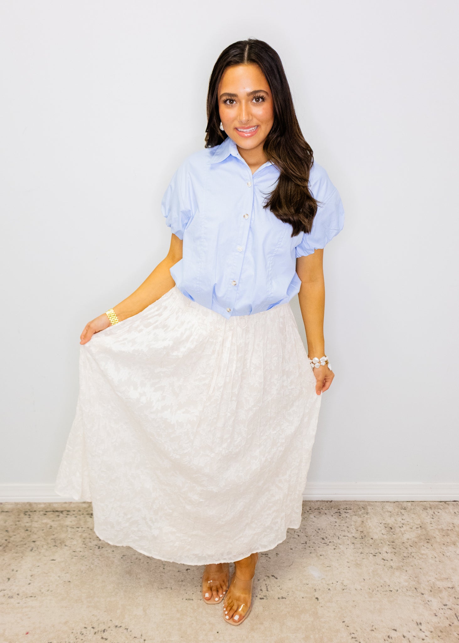 Ecru Floral Textured Maxi Skirt