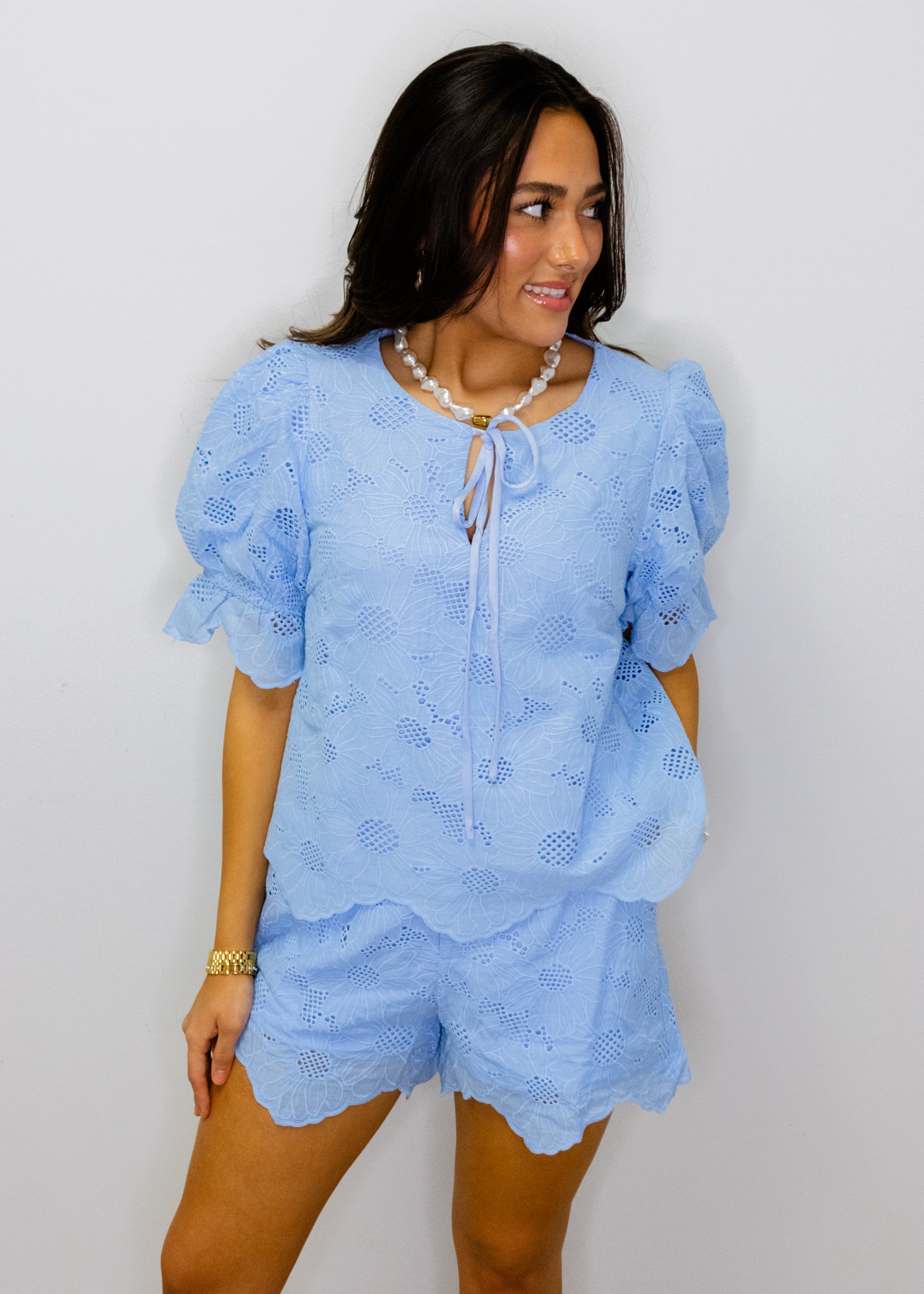 Sky Blue Lace Scallop Top