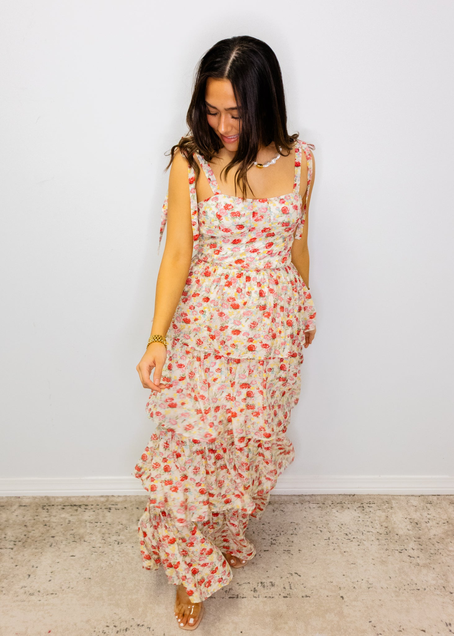 Cream Floral Tiered Maxi Dress