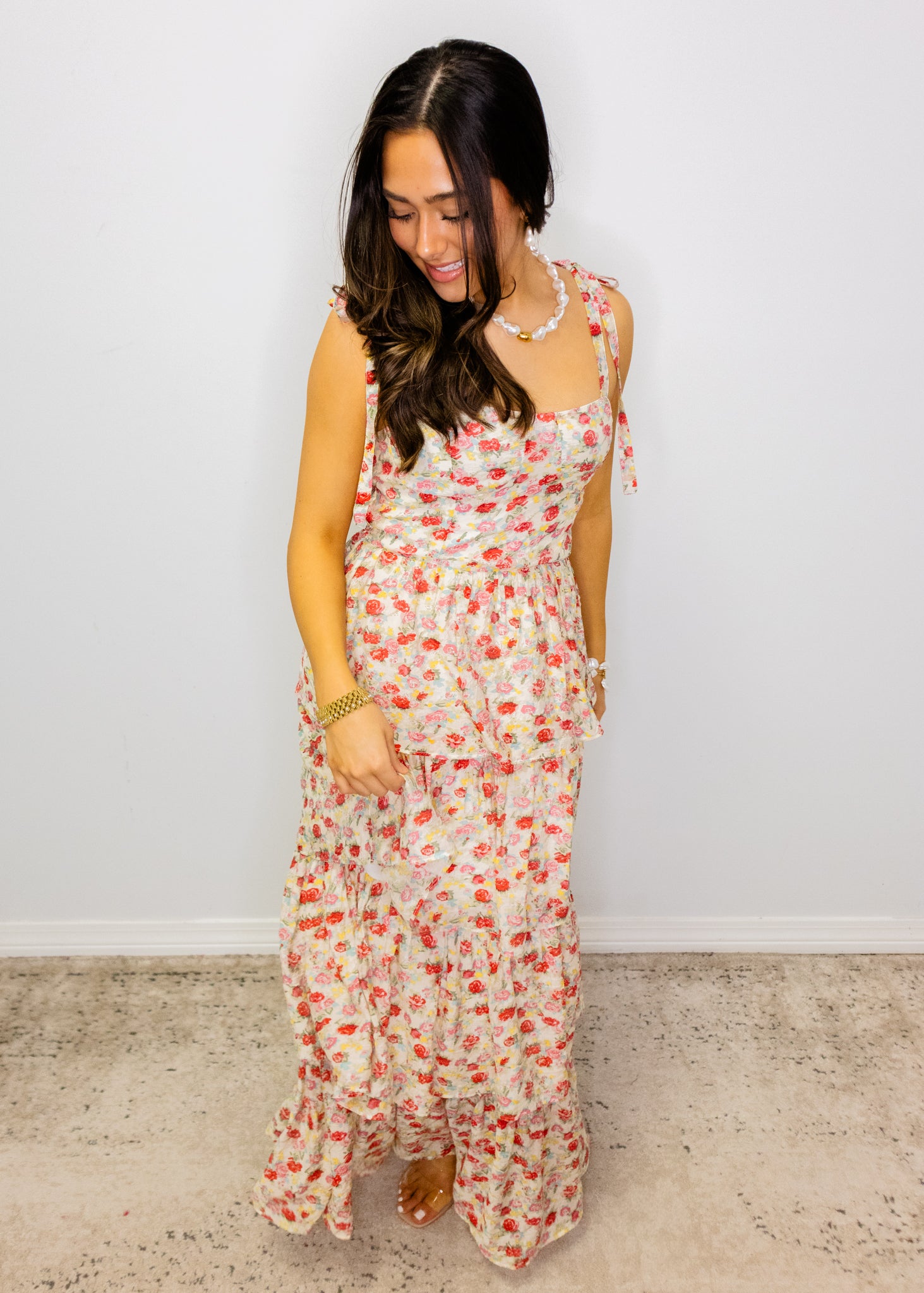Cream Floral Tiered Maxi Dress
