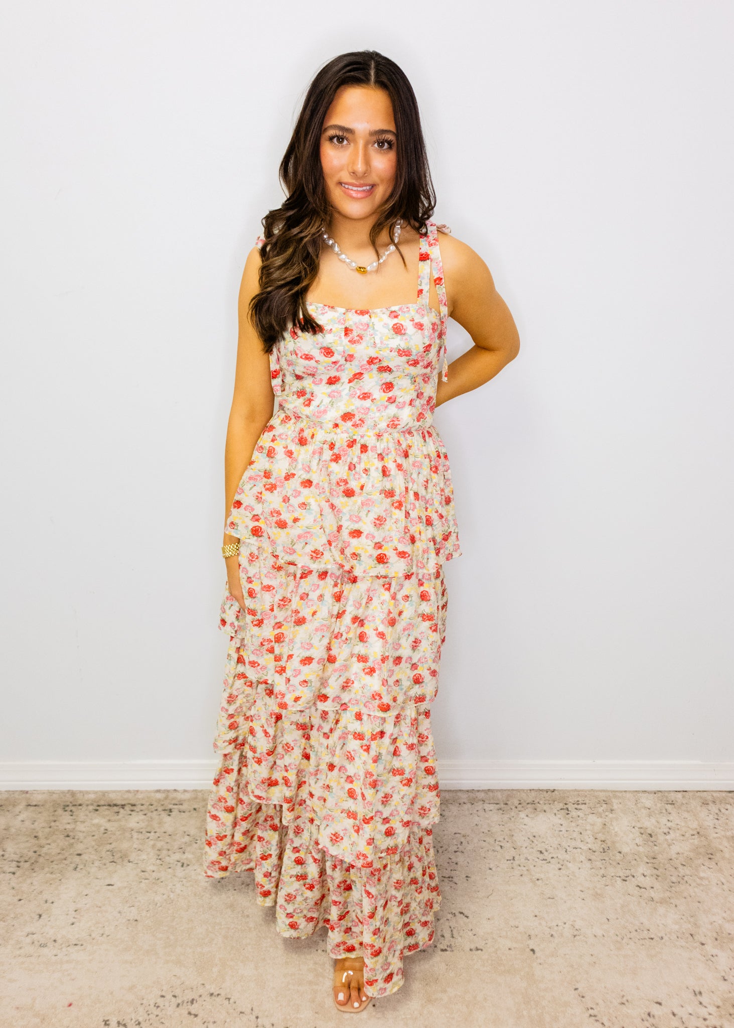 Cream Floral Tiered Maxi Dress