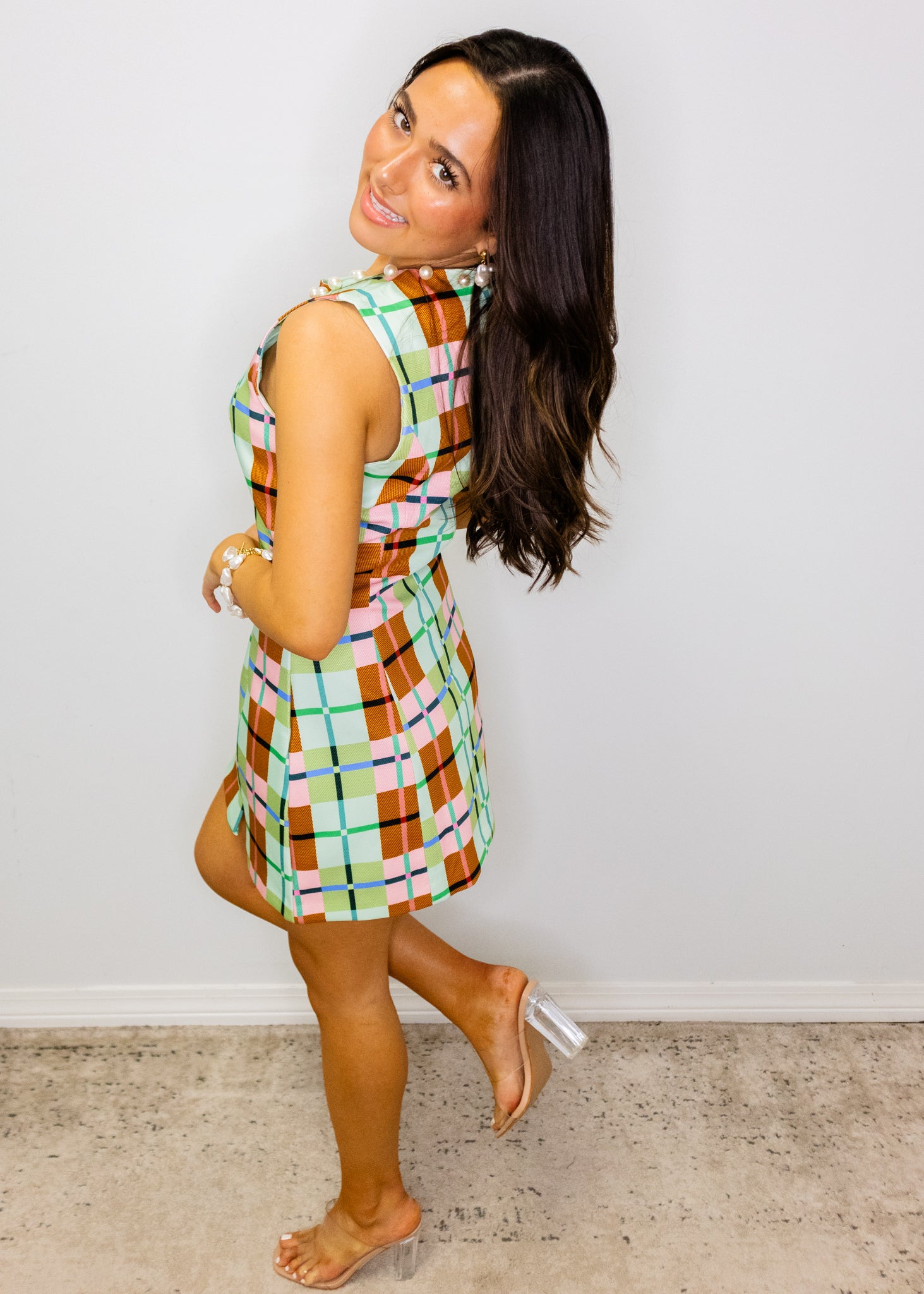 Multi Front Slit Plaid Mini Dress