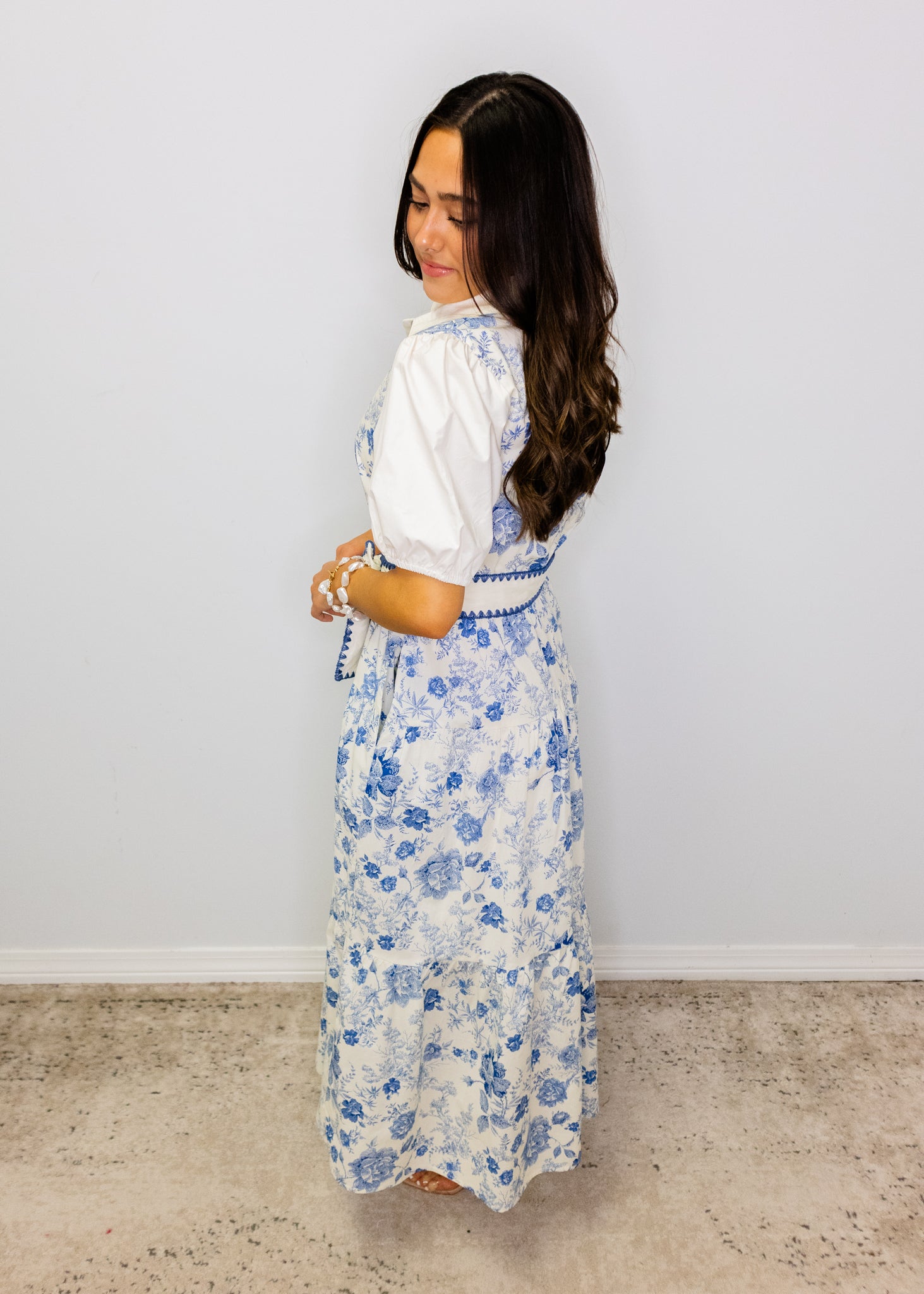 Blue Floral Tie Midi Dress