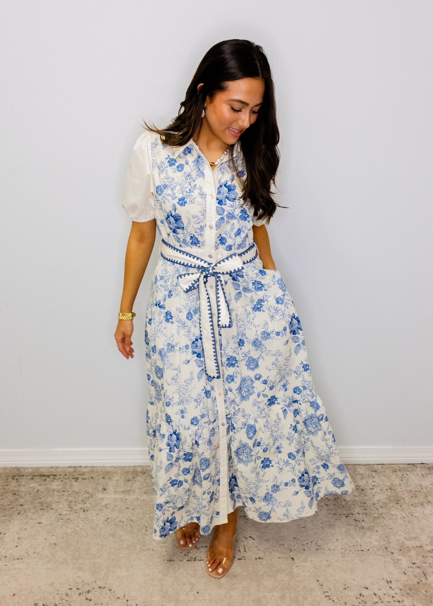 Blue Floral Tie Midi Dress