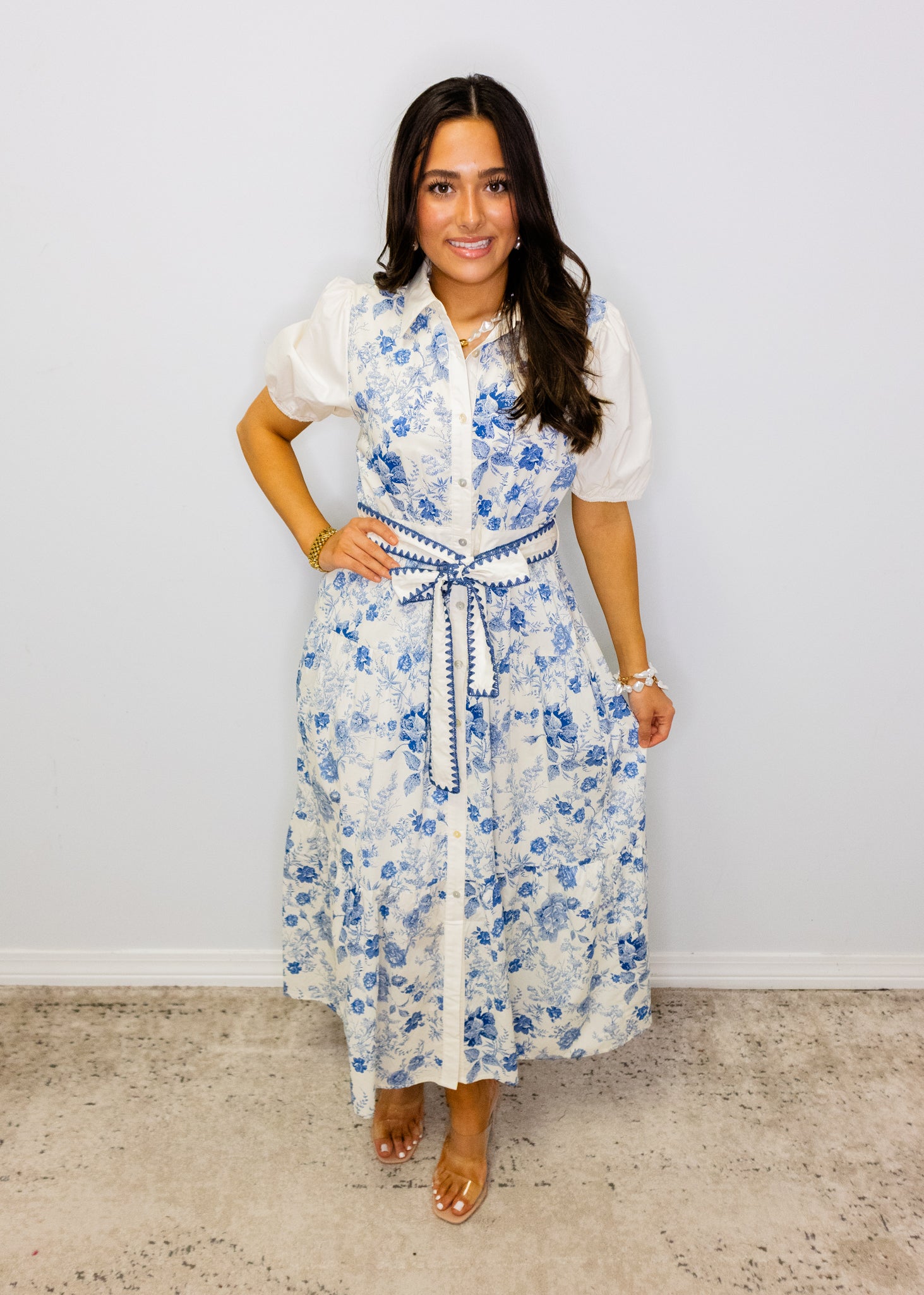 Blue Floral Tie Midi Dress