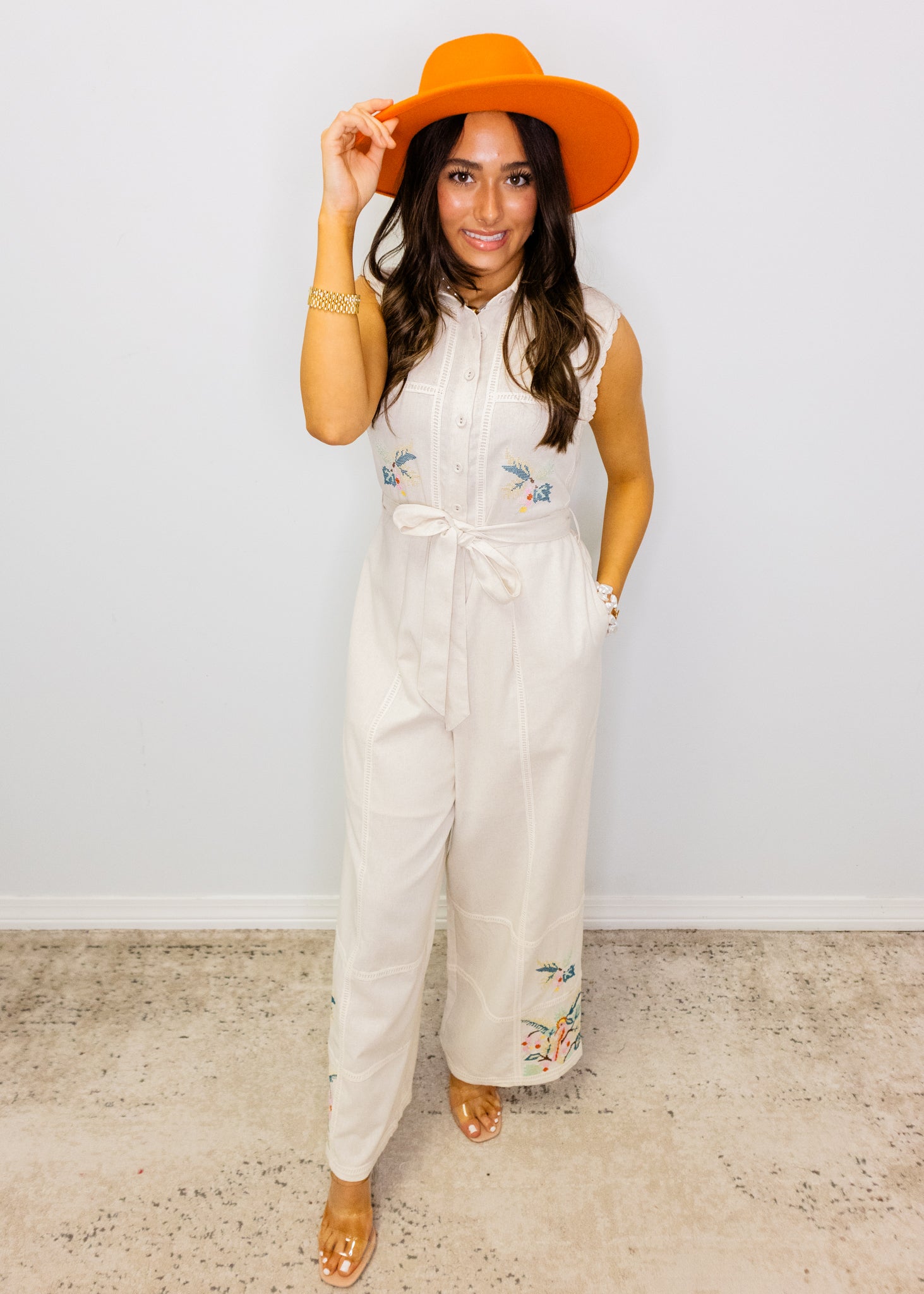 Linen Floral Detail Jumpsuit